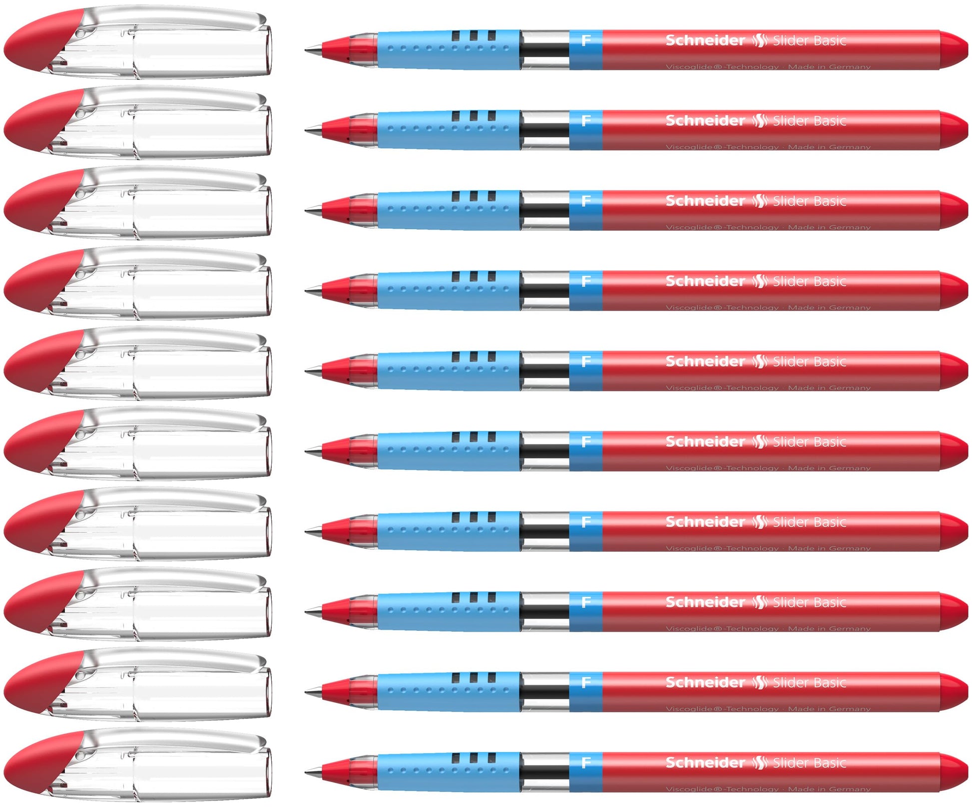 Schneider Slider Basic F (Fine) Ballpoint Pen, 0.7 mm, Transparent Barrel, Red Ink, Box of 10 Pens