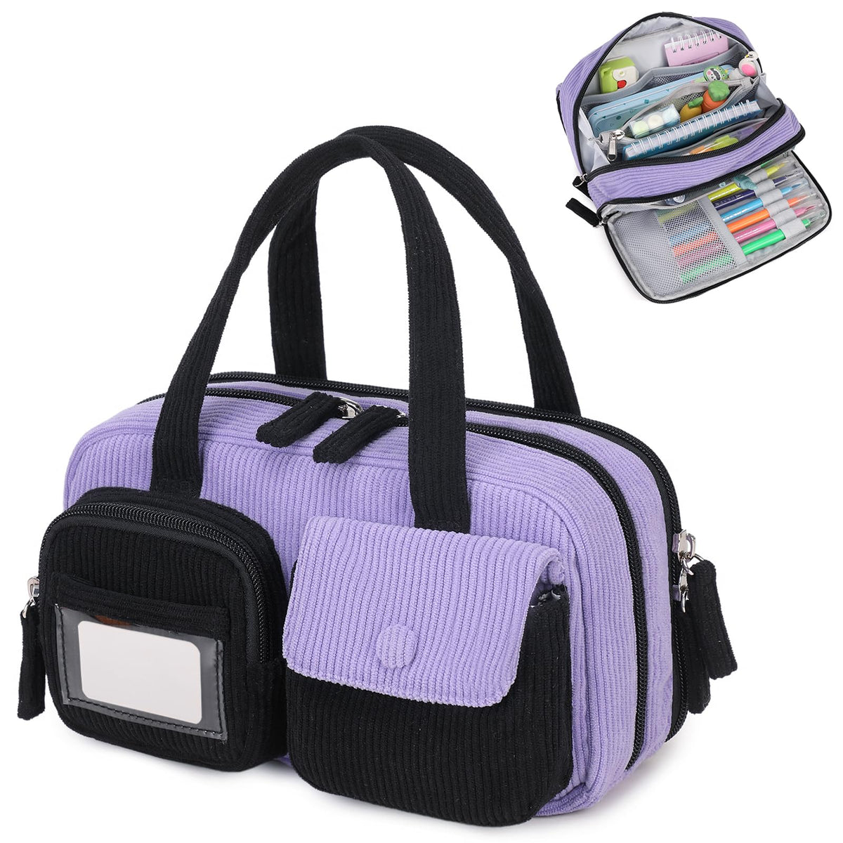 Pencil Case Corduroy Multiple Compartments Pouch Bag for Girl, Black Purple