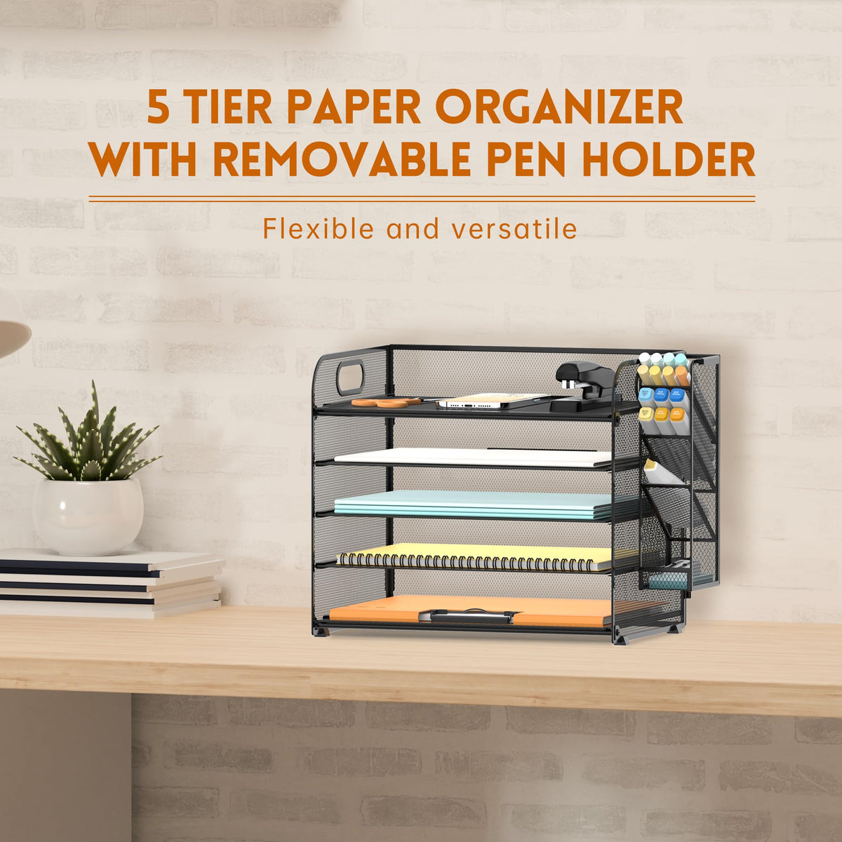 5-Tier Paper Organizer for Desk with Pen Holders, Letter Trays, Black