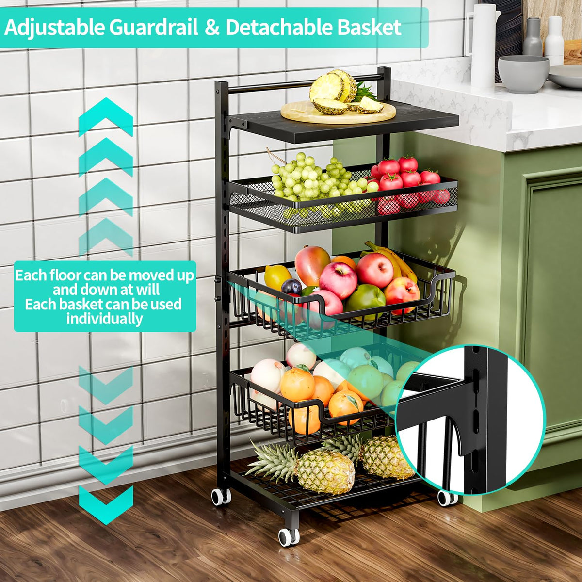 HapiRm Fruit Basket Kitchen Cart - 5 Tier Adjustable Vegetable Storage Rack, Large Capacity Rolling