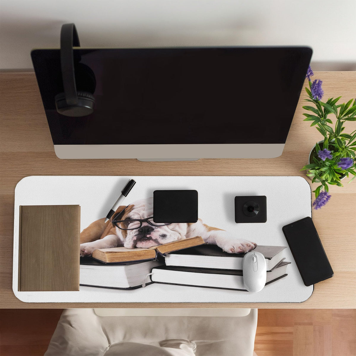 Ambesonne English Bulldog Computer Mouse Pad, Pure Breed Bulldog with Glasses and Books Hardworking