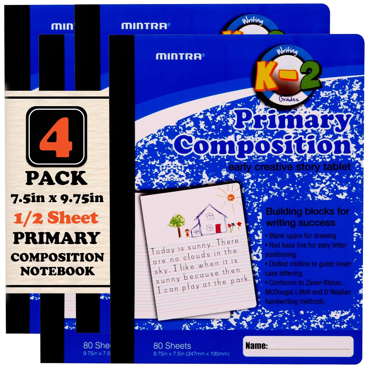 Mintra Primary Composition Notebook, 4 Pack, Blue Cover, 80 Sheets, 7.5in x 9.75in, 1/2 Sheet