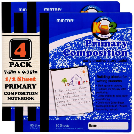 Mintra Primary Composition Notebook, 4 Pack, Blue Cover, 80 Sheets, 7.5in x 9.75in, 1/2 Sheet