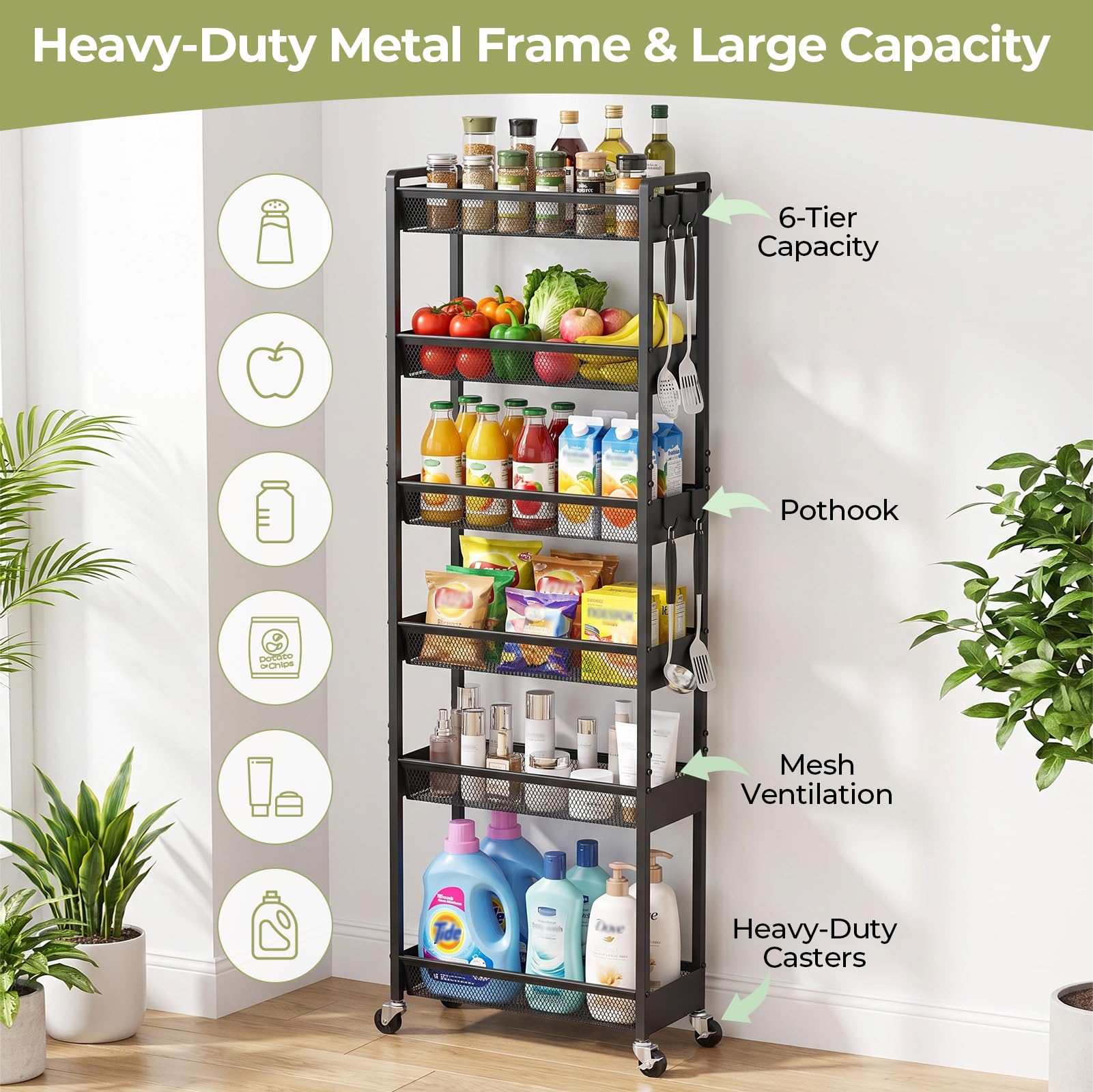 Delamu 6 Tier Slim Storage Rolling Cart, Utility Metal Narrow Cart 7.1" W