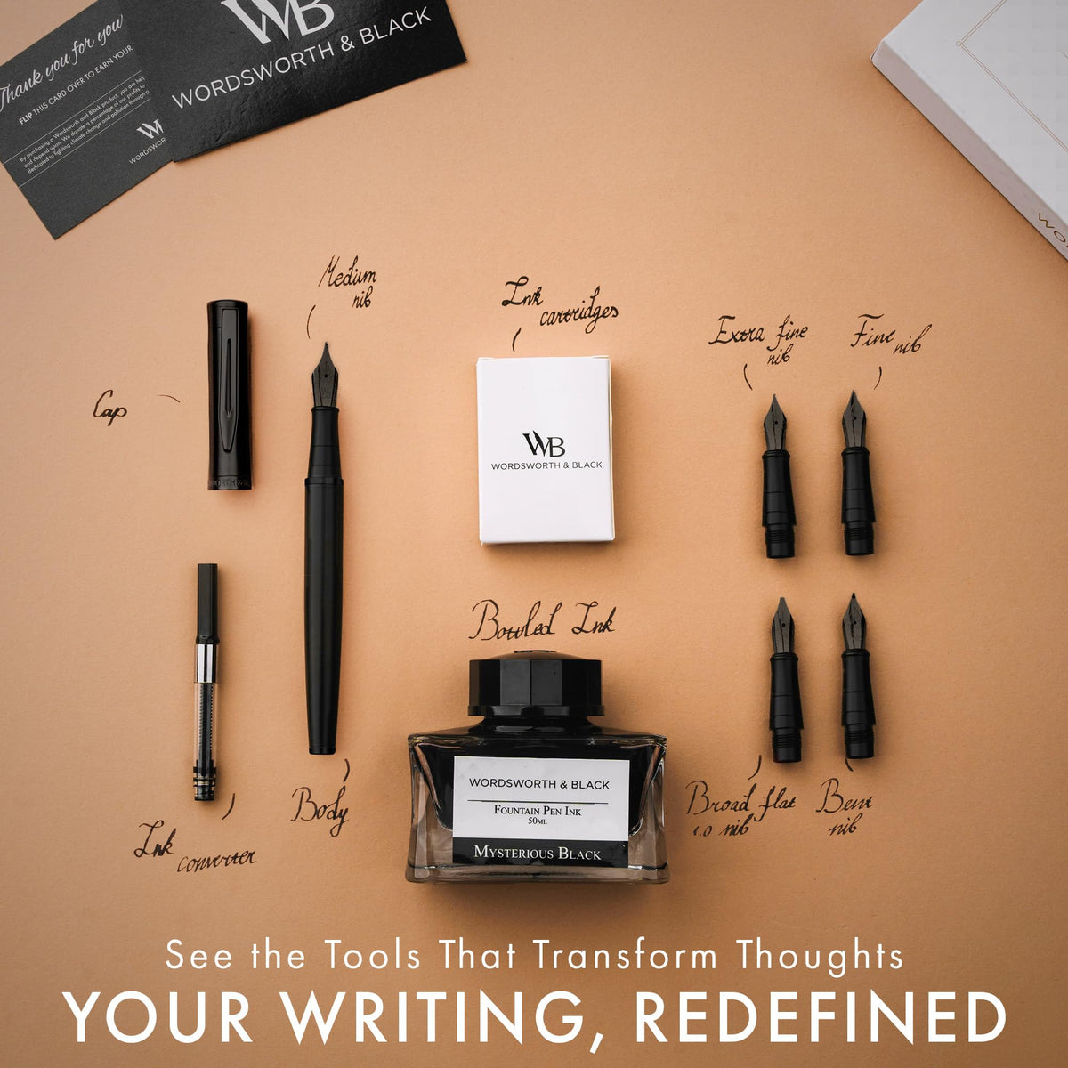 Wordsworth & Black Luxury Fountain Pen Set for Writing, 6 Nibs, All Black