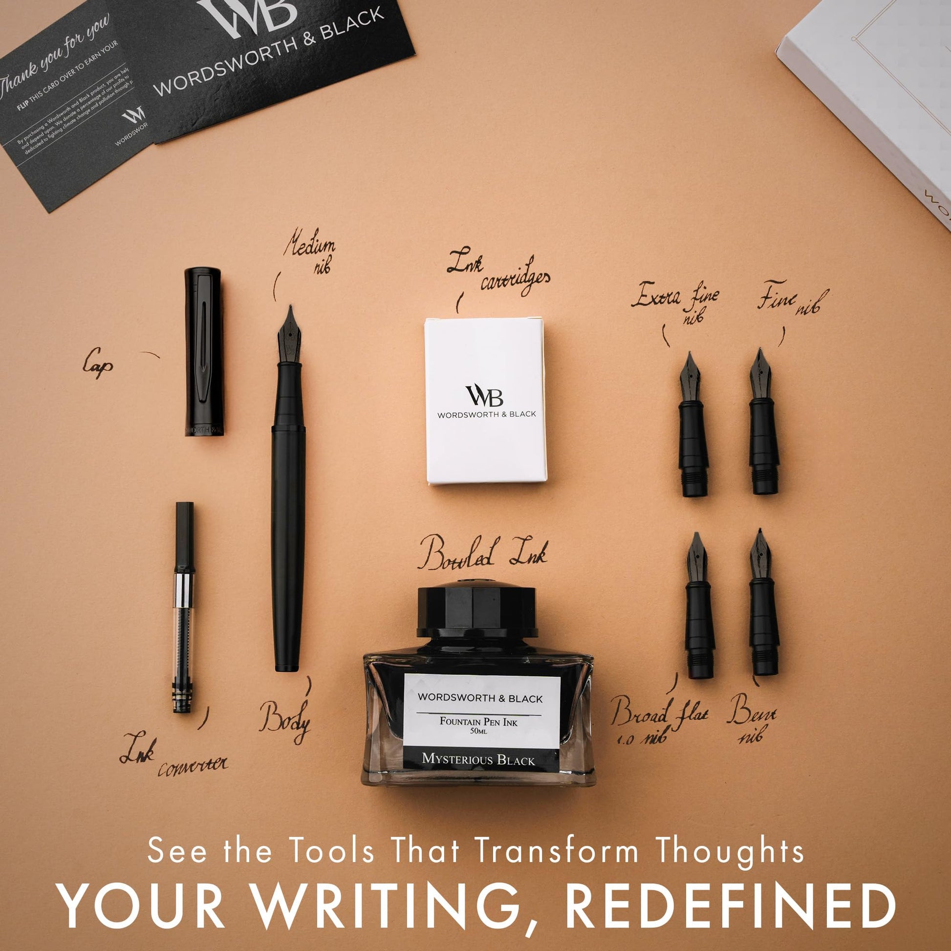 Wordsworth & Black Luxury Fountain Pen Set for Writing, 6 Nibs, All Black