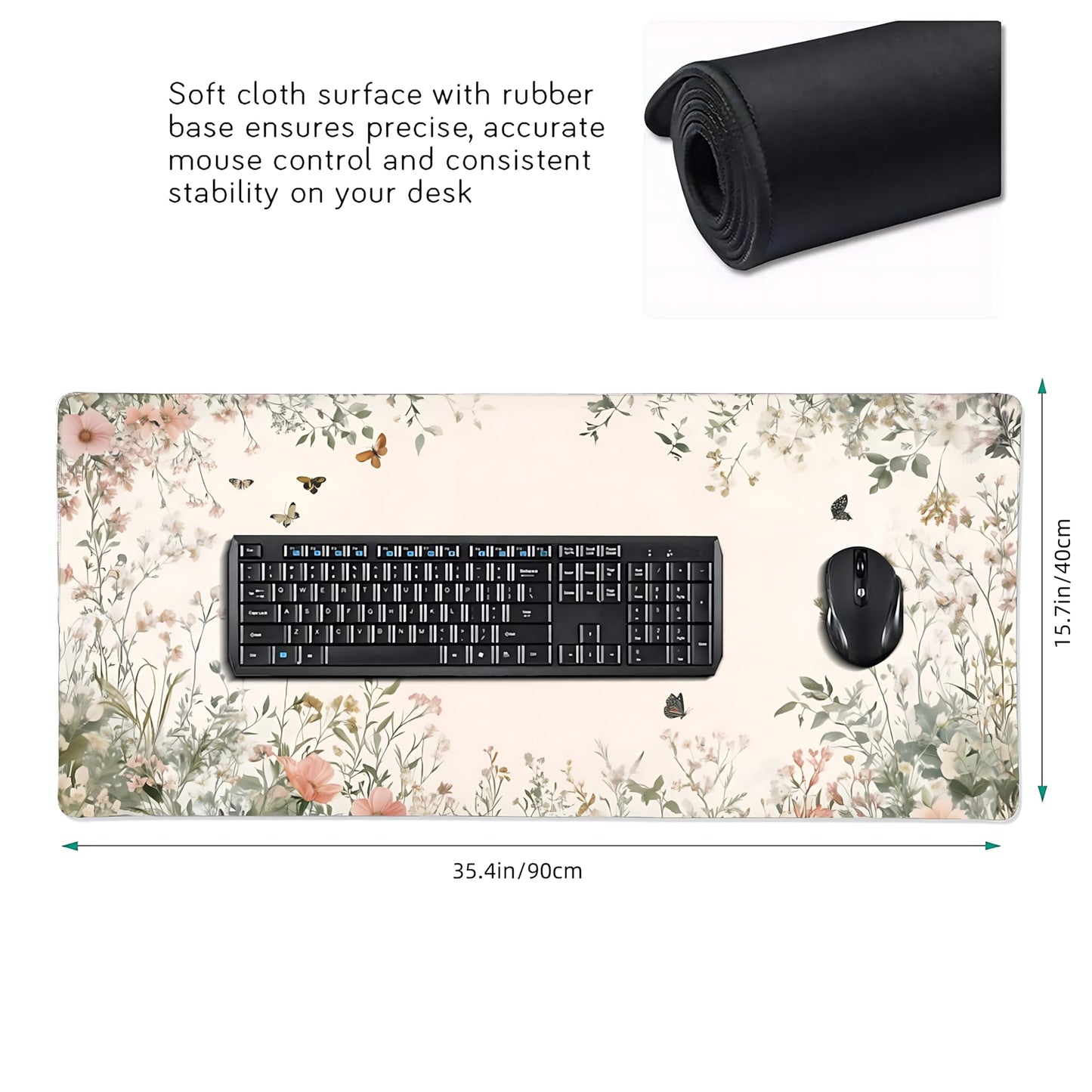 Cute Floral Aesthetic Wildflower Gaming Mouse Pad, Pink Macaron Desk Mat with Anti-Slip Base &