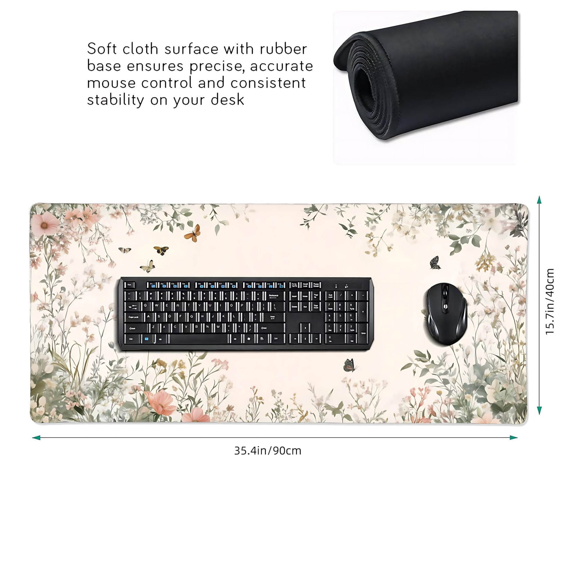 Cute Floral Aesthetic Wildflower Gaming Mouse Pad, Pink Macaron Desk Mat with Anti-Slip Base &