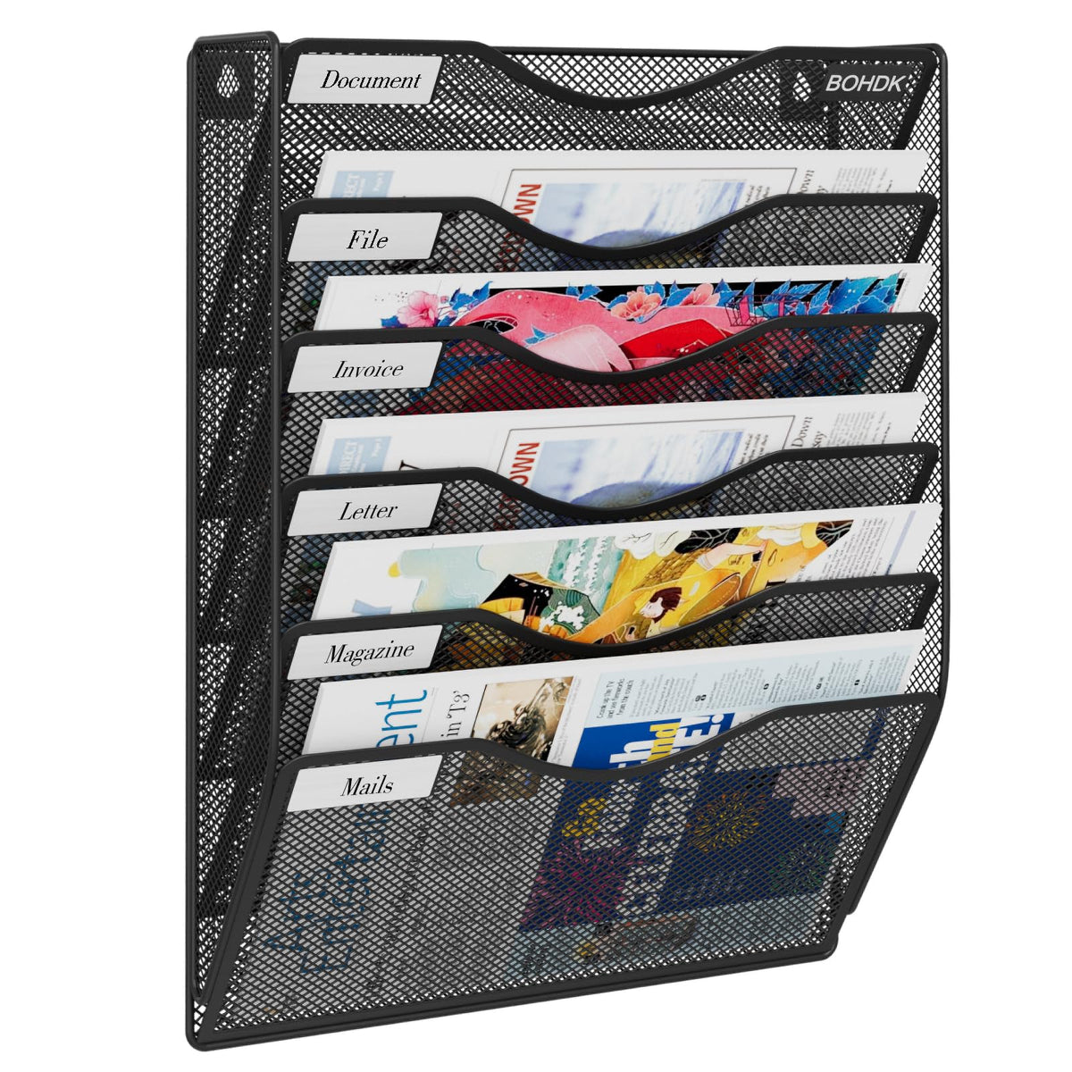 BOHDK Wall File Organizer, 6 Tier Hanging File Folder Mail Organizer, Vertical Mesh Metal Wall