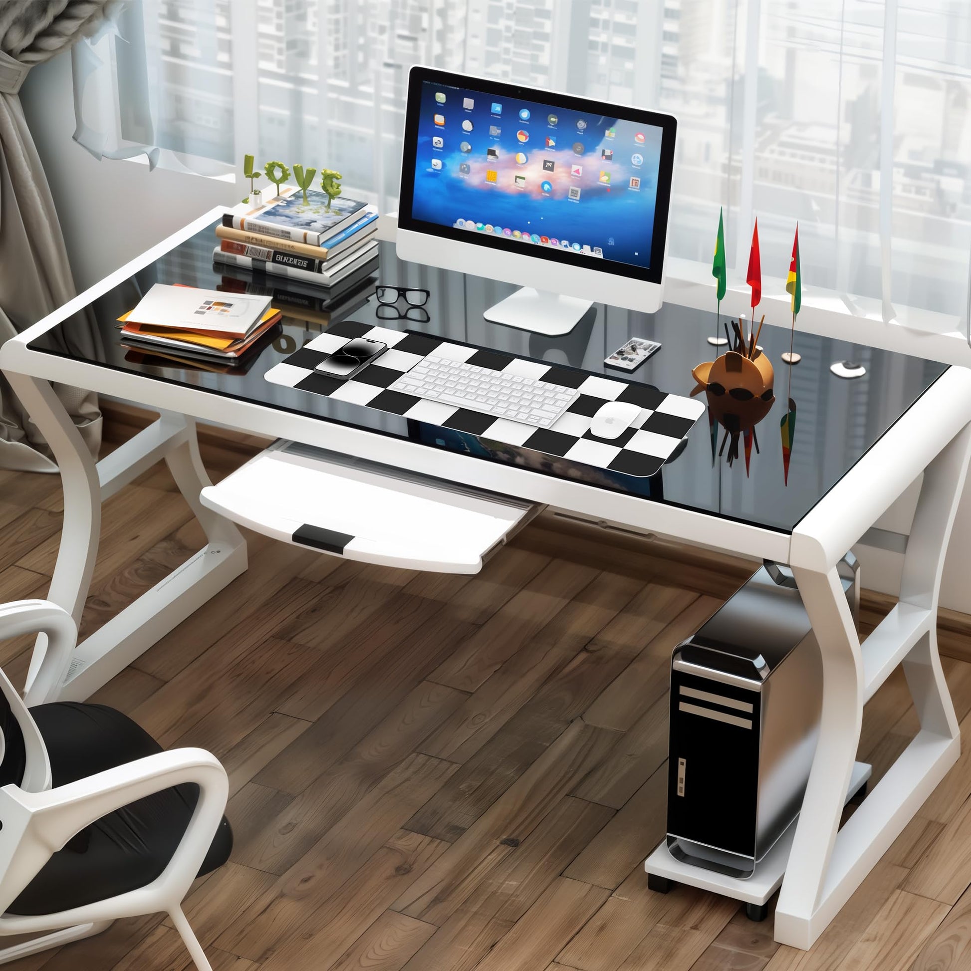 Non-Slip Checkered Desk Mat, 31.5"x12", White Black
