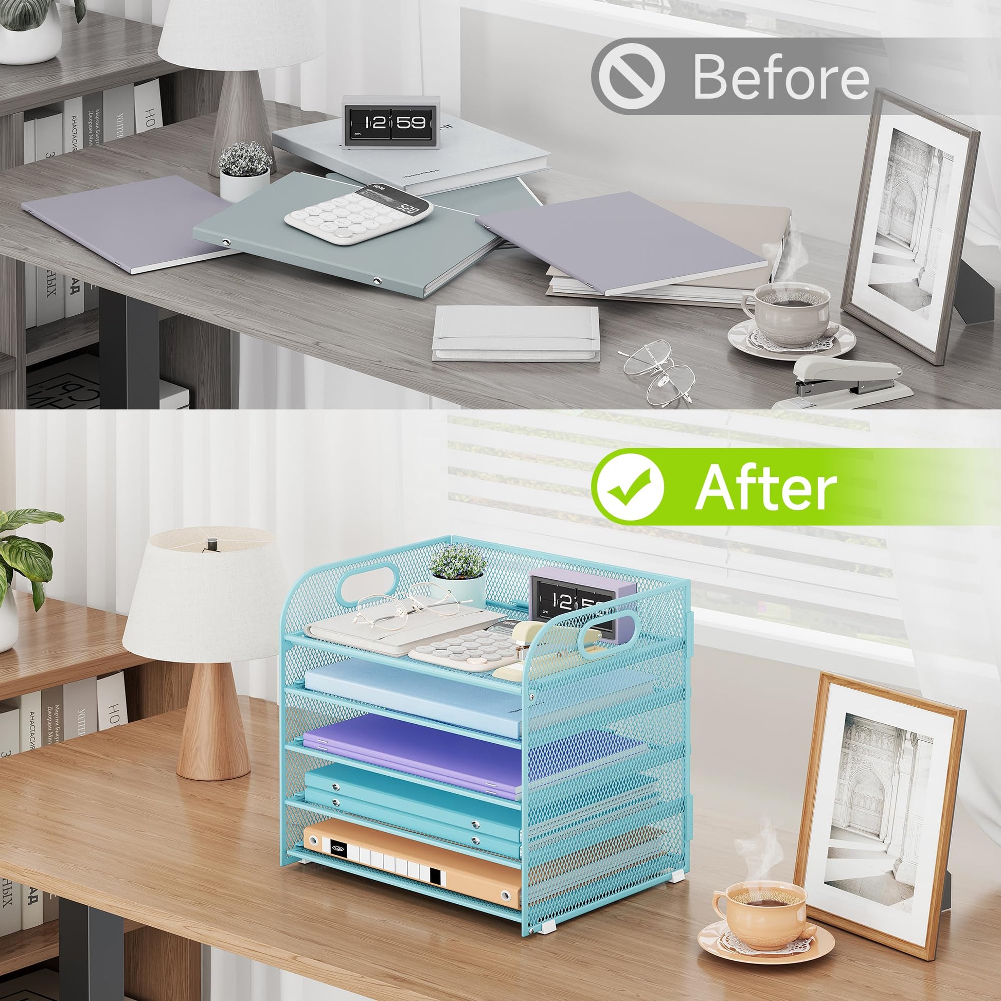 Cawukege 2 Pack 5 Tier Paper Organizer, Letter Tray with Handle, Mesh Desk Organizer, Metal File