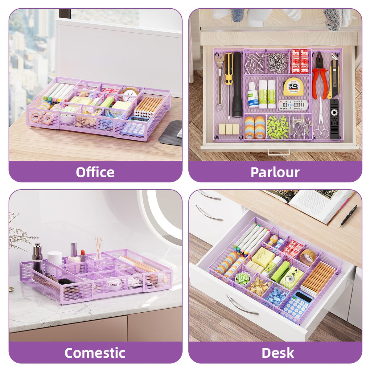 Marbrasse Expandable Desk Drawer Organizer, Mesh Drawer Organizer Tray with 10 Adjustable
