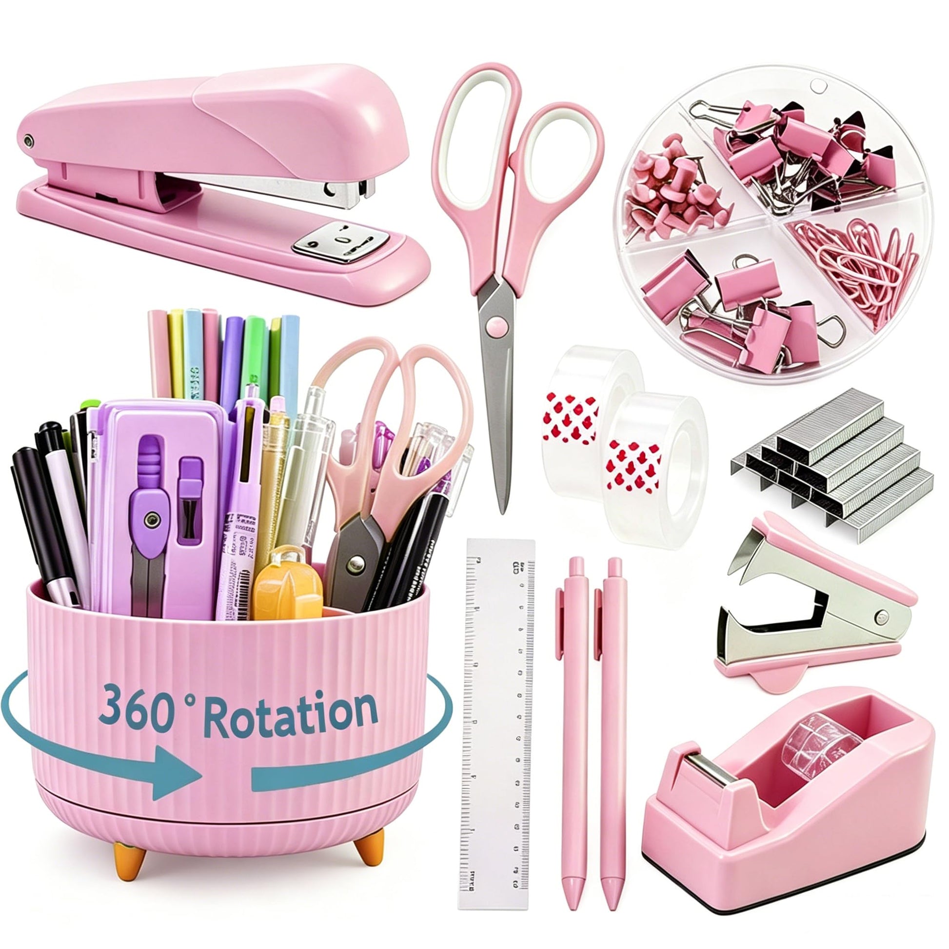 Gawsey Pink Desk Organizers and Accessories with Desk Organizer 360° Rotating Pen Holder and Office