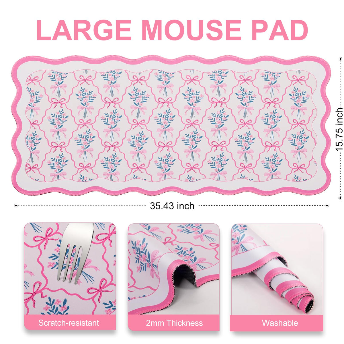 L-SPOUTTO Pink Floral Mouse Pad,Cute Scalloped Desk Mat XXL Gaming Mousepad