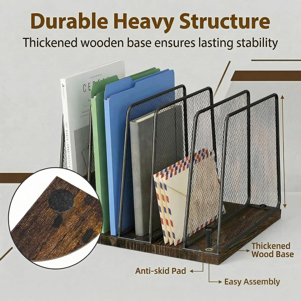 Becomrock 5-Section Vertical File Organizer for Desk, Sturdy Wood Base & Metal Mesh Desktop File