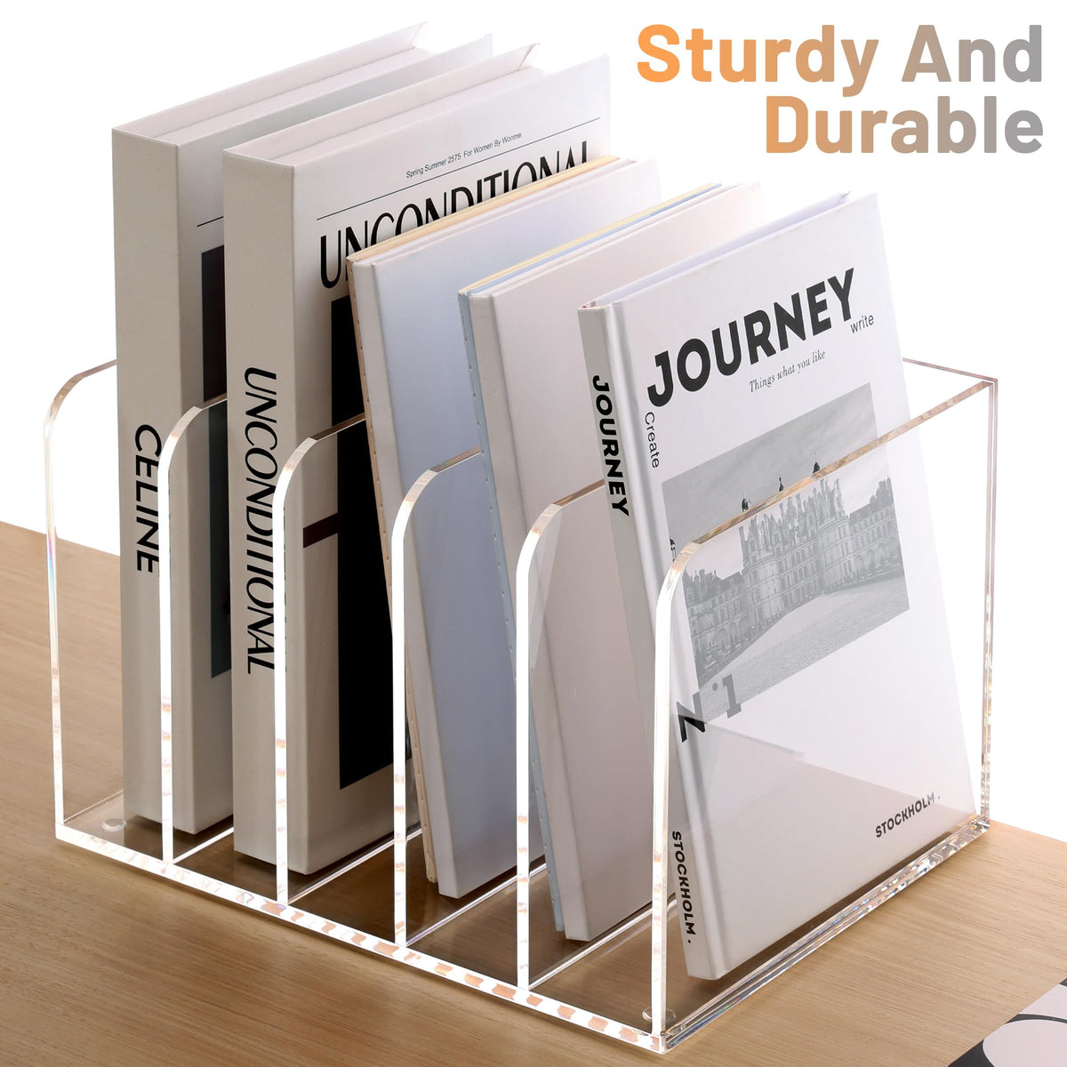 SANRUI Clear Acrylic File Organizer for Desk 5-Section Upright File Sorter