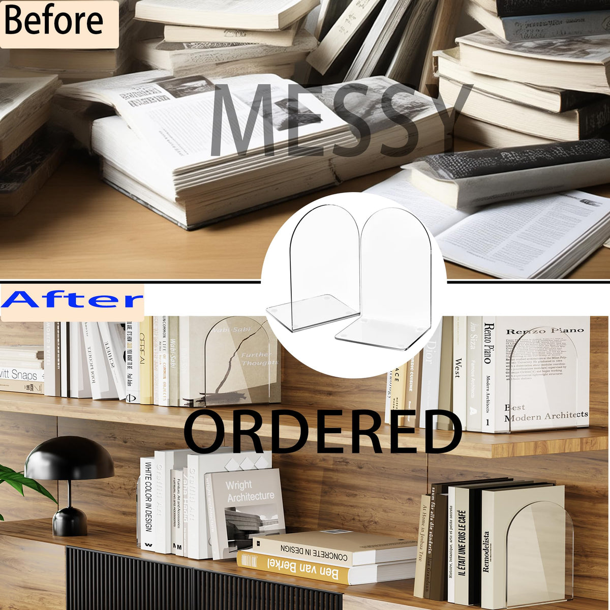 Acrylic Book Ends 16 Pcs, Clear Bookends, Bookend Organizer for Shelves