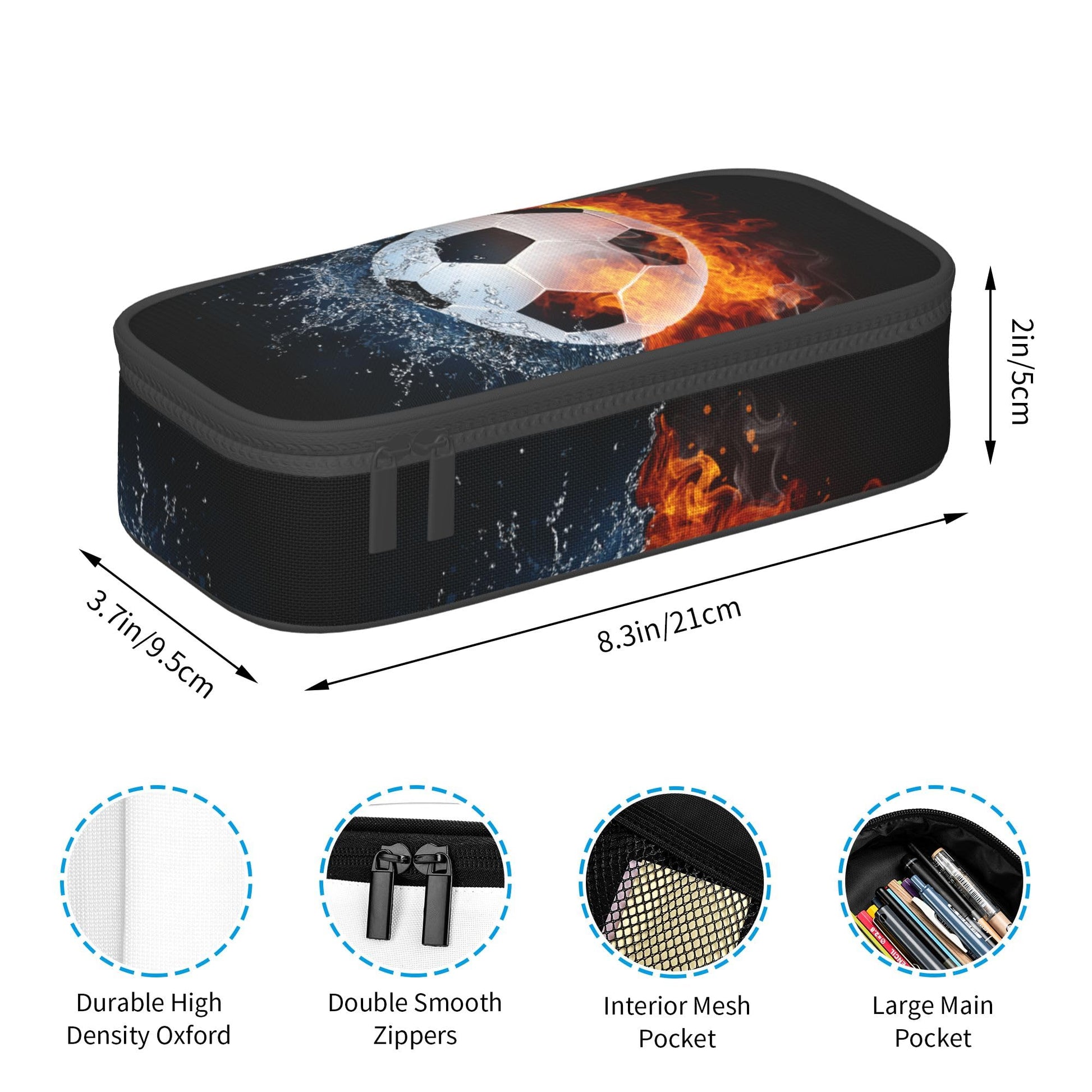 Boys Soccer Pencil Case with Water & Fire Pattern Print, Cool Black Pencil Box for Kids