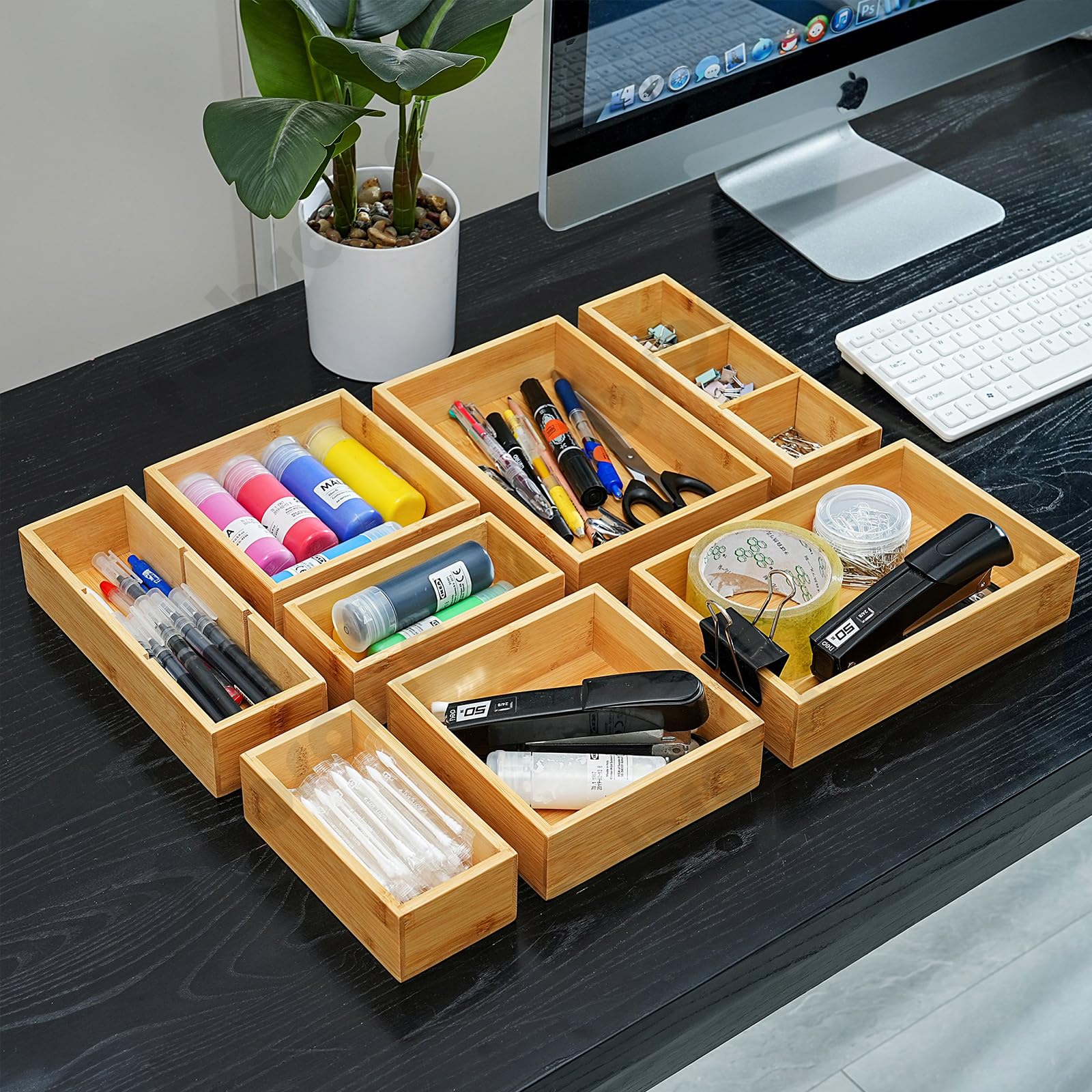 Fabsome Drawer Organizer, Set of 9 Bamboo Wood Kitchen Makeup Desk Junk Tea Drawer Storage Boxes