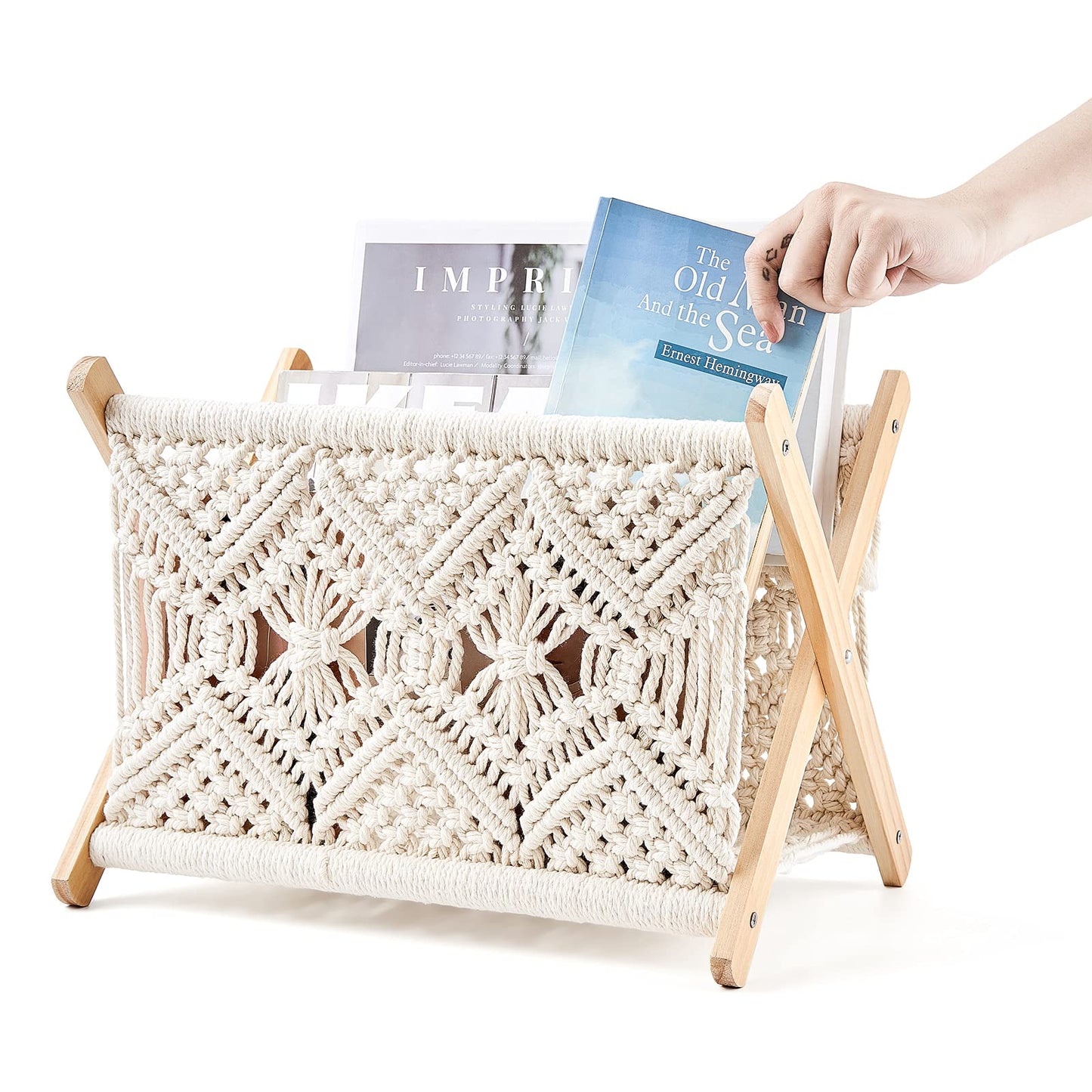 Mkono Macrame Magazine Holder, Boho Woven Book Rack Basket, 14" L x 10" W