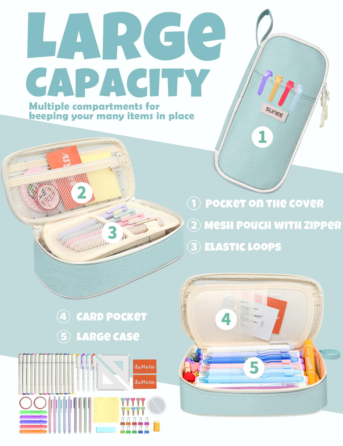 SUNEE Cute Pencil Case, Aesthetic Pen Pouch, Colored Large Pencil Bag with Zipper, Kawaii