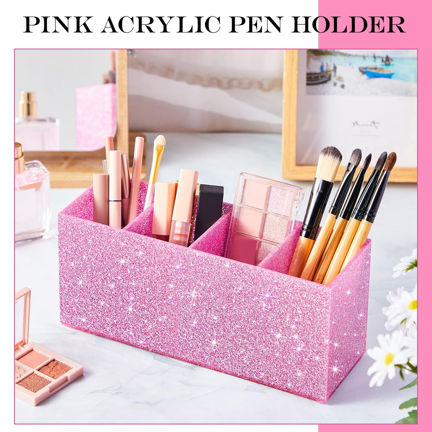 Jetec Acrylic Pen Holder for Girl Desktop, 4 Compartments, Sparkly Pink