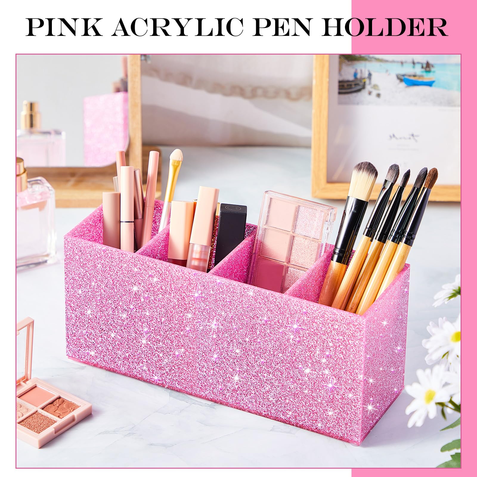 Jetec Acrylic Pen Holder for Girl Desktop, 4 Compartments, Sparkly Pink