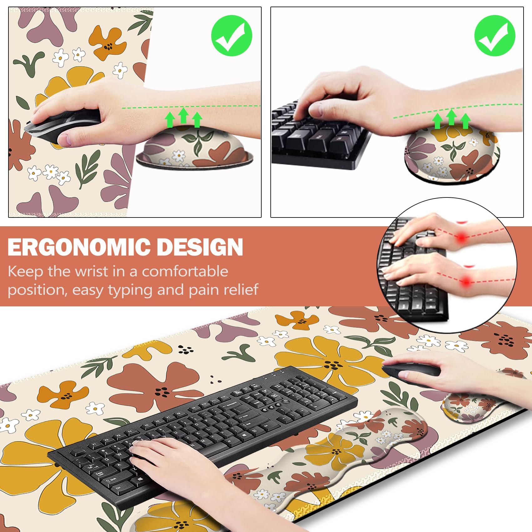 ARTSO Gaming Mouse Pad Wrist Support Set,Cute Flower Desk Mat+Mouse Pad with Wrist Rest +Keyboard