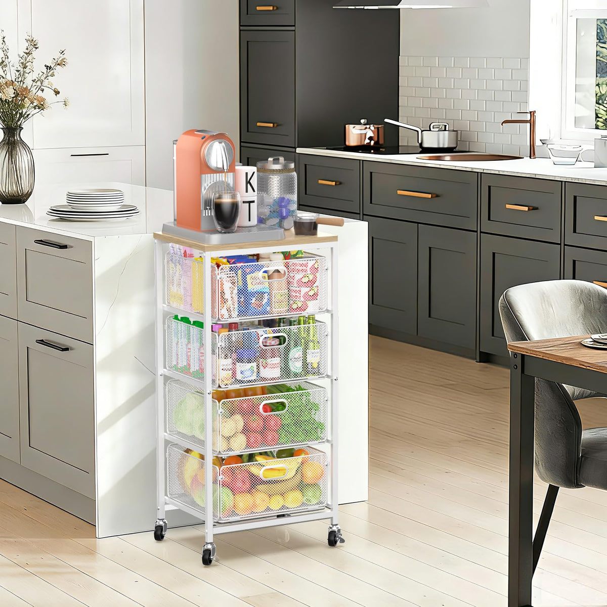 SUNALLY Kitchen Storage Cart with Drawers,Metal Snack Cart Organizer,White