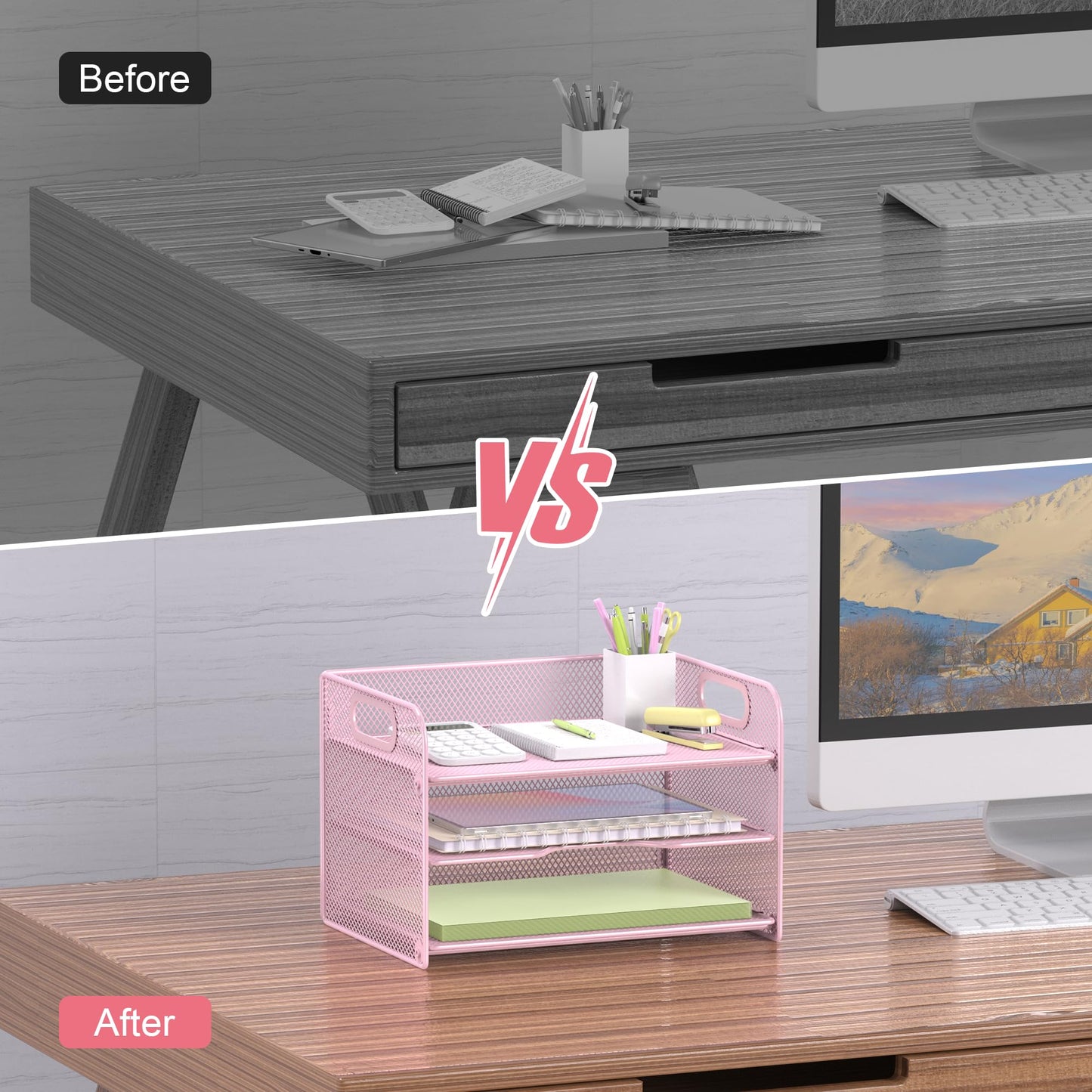 Samstar 3 Tier Pink Letter Tray Paper Organizer with Handle, Mesh Desk Organizer Paper Sorter File