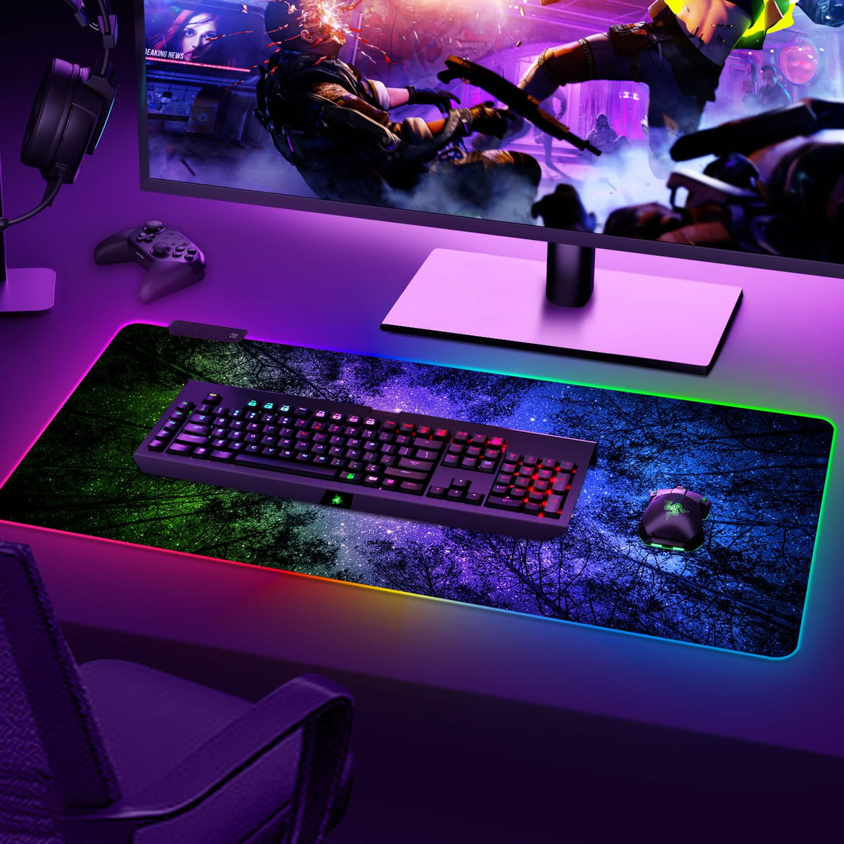 ARTSO Gaming Mouse Pad RGB Starry Sky, Forest Large Mousepad with Non-Slip Rubber Base, Cool XXL