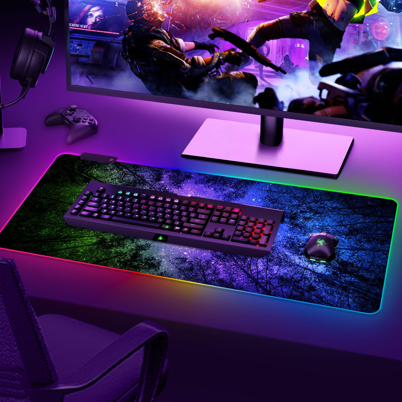 ARTSO Gaming Mouse Pad RGB Starry Sky, Forest Large Mousepad with Non-Slip Rubber Base, Cool XXL