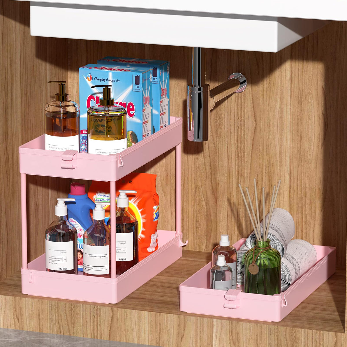 SPACEKEEPER 3 Tier Rolling Cart, Bathroom Cart Organizer with Wheels, Pink