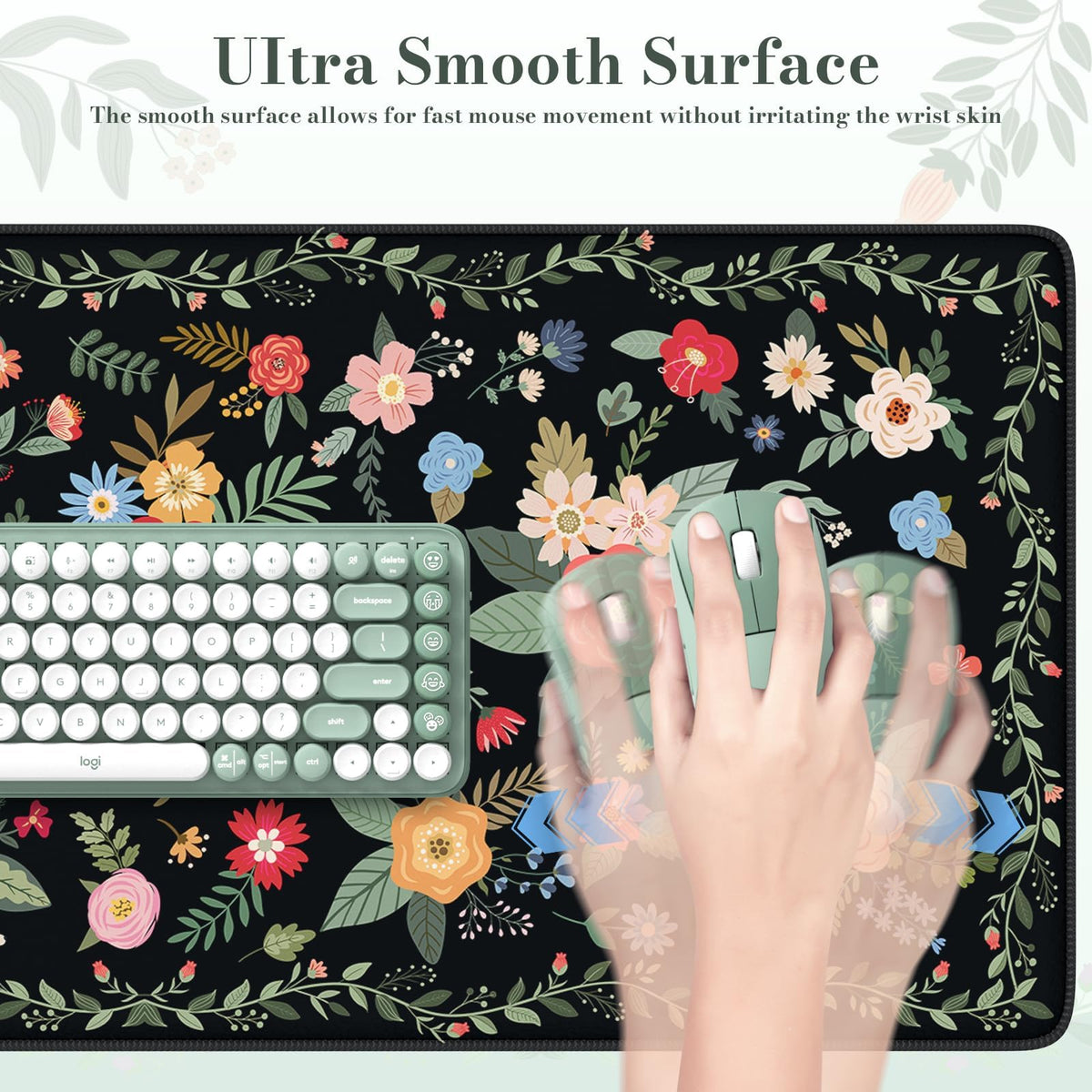 iCasso Desk Mat for Keyboard and Mouse,Cute Mouse Pad,Black Floral