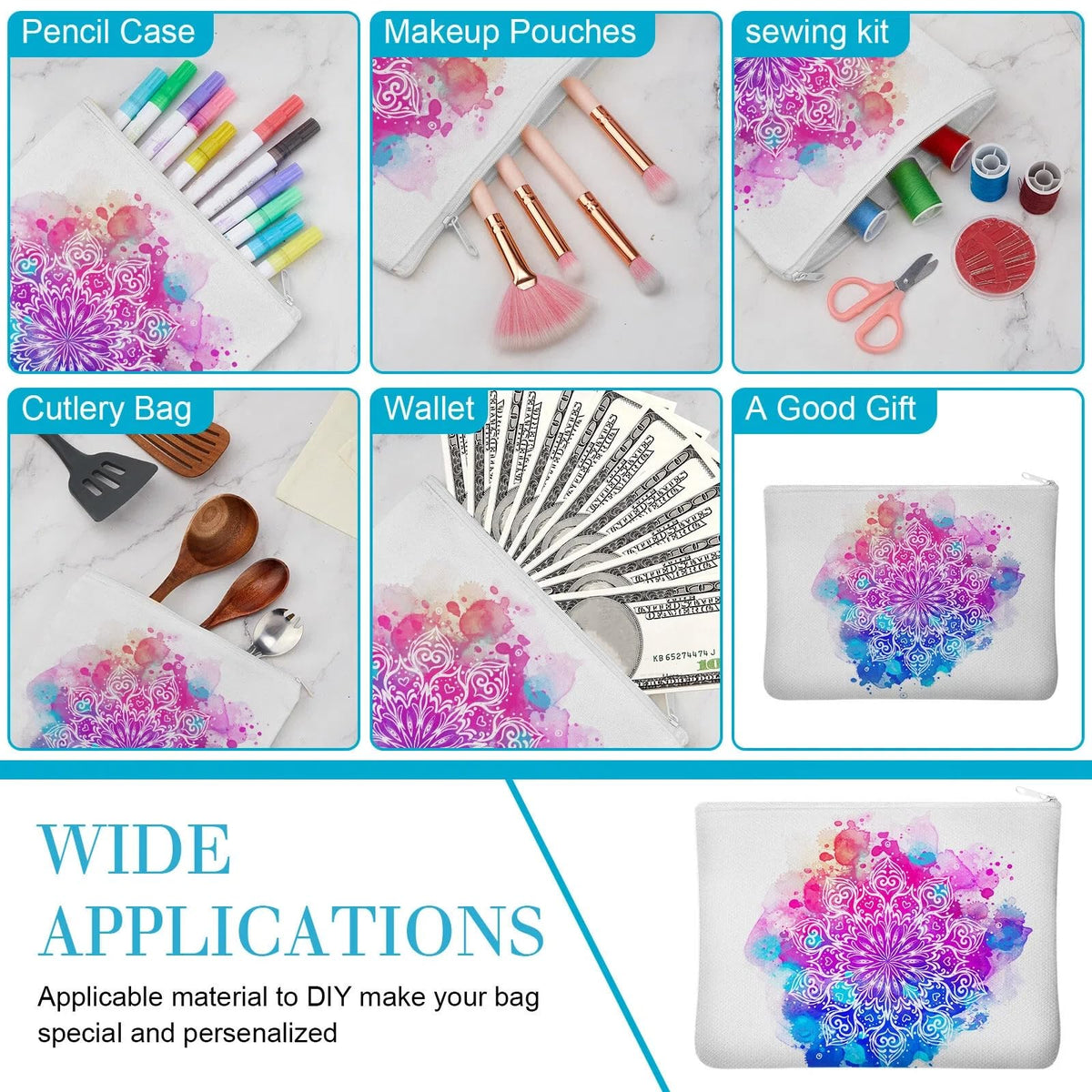 Frienda 50 Pcs Sublimation Blank Canvas Makeup Bags Bulk DIY Heat Transfer Canvas Pen Case Pencil