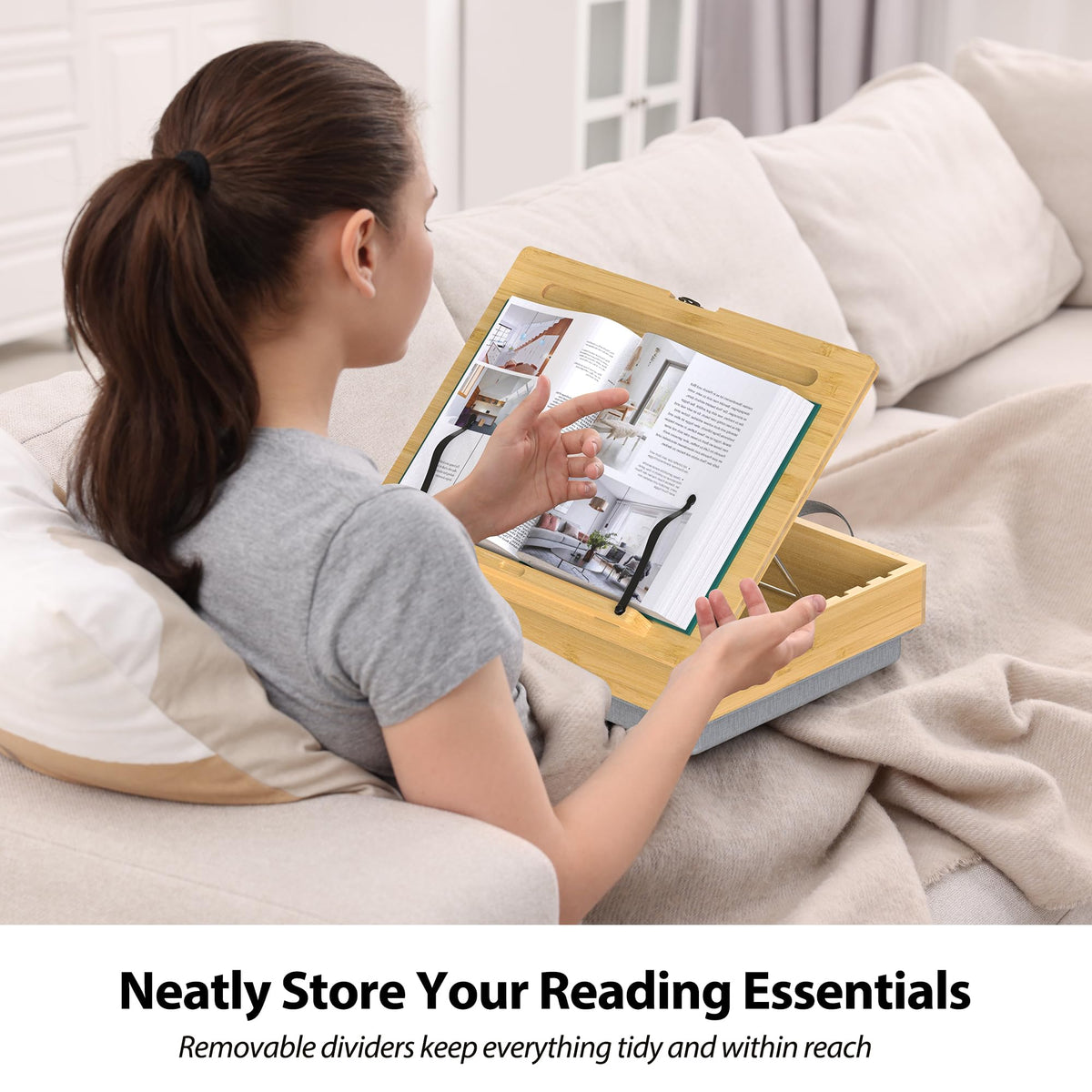 AboveTEK Book Stand for Reading with Storage, Adjustable Bamboo Book Holder with Soft Lap Cushion