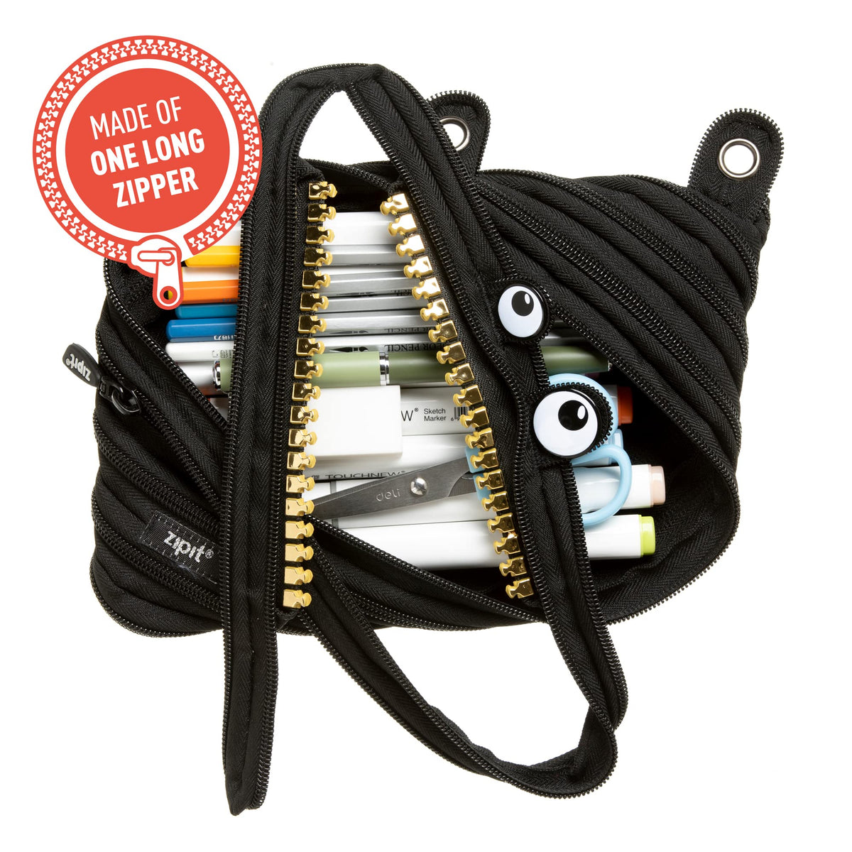 ZIPIT Grillz Pencil Case for Kids, Cute 3-Ring Binder Pouch for Boys,Black
