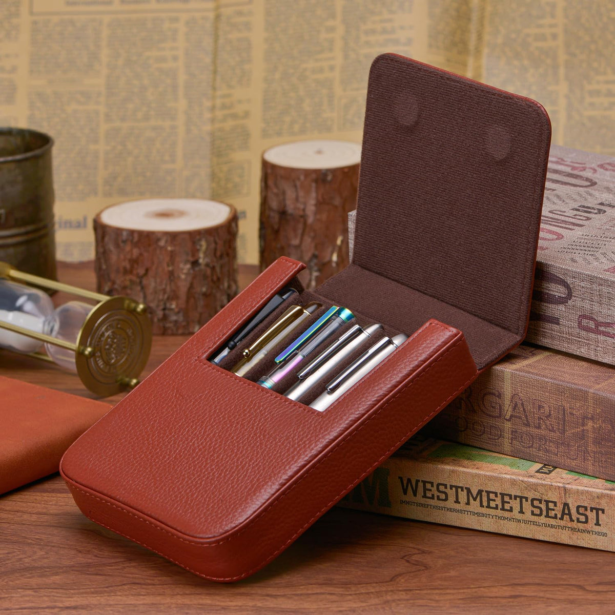 Lanxivi Genuine Leather Fountain Pen Case 6 Slot Coffee Leather Organizer, Portable Pen Bag Pouch