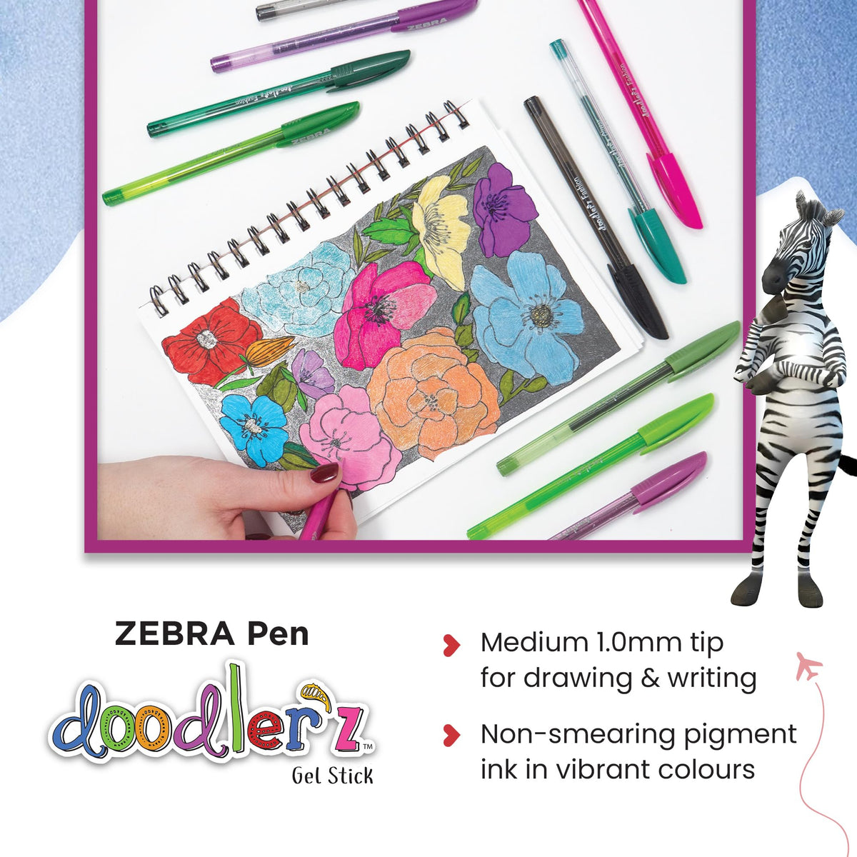 ZEBRA Doodler'z Gel Stick Pens, 1.0 mm, Fashion. Glitter, Neon and Pastel Colours. Box of 60 pens