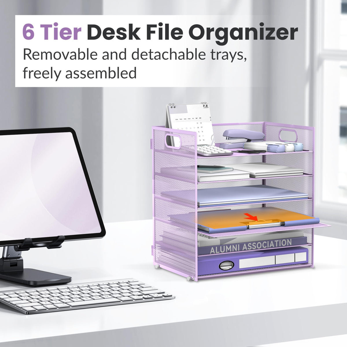 Daltack 6-Tier Paper Organizer for Desk with Handle, Purple, 2 Pack