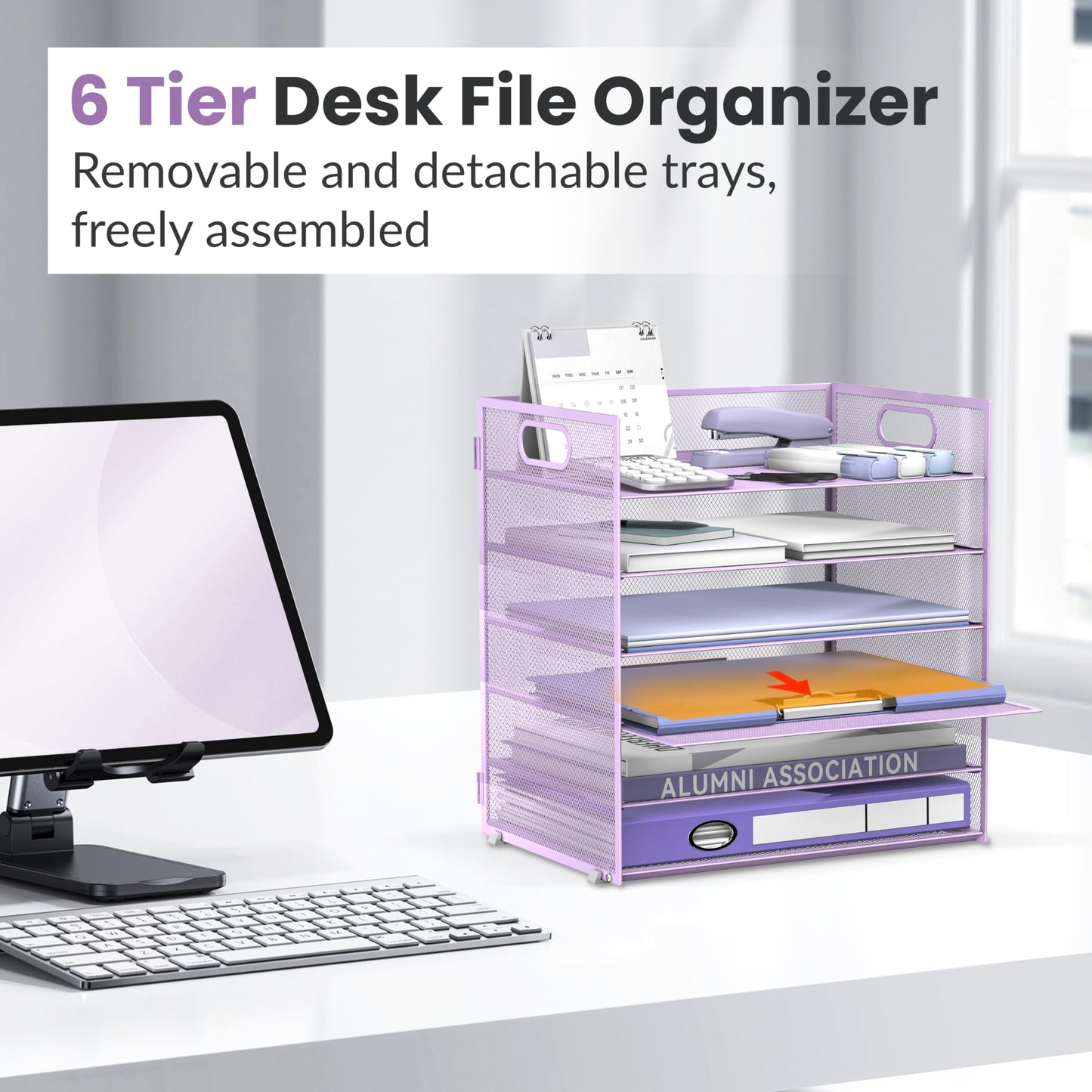 Daltack 6-Tier Paper Organizer for Desk with Handle, Purple