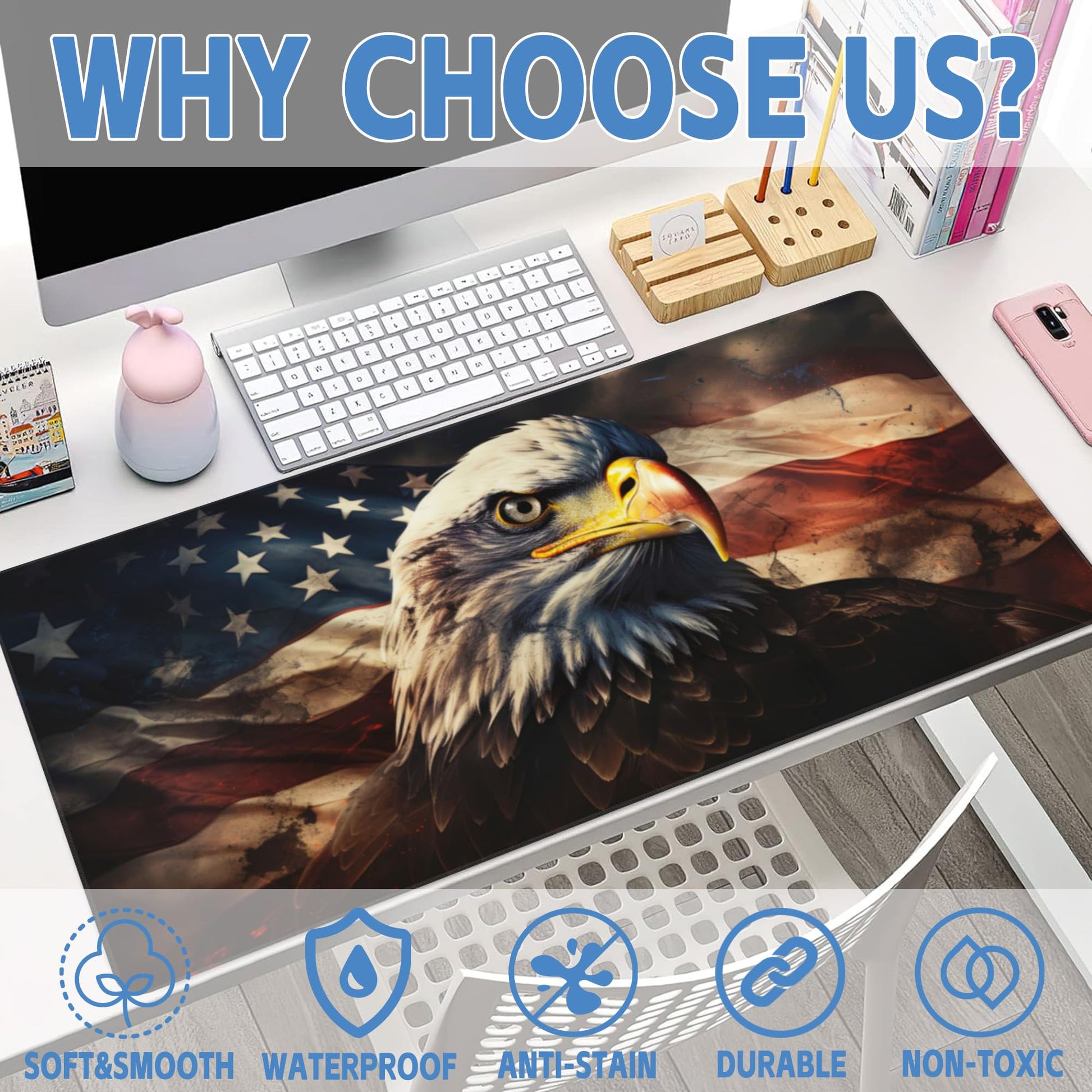 Desk Mat,American Bald Eagle Large Gaming Mouse Pad for Desk XXL,USA Flag Eagle Desk Pad,Extended
