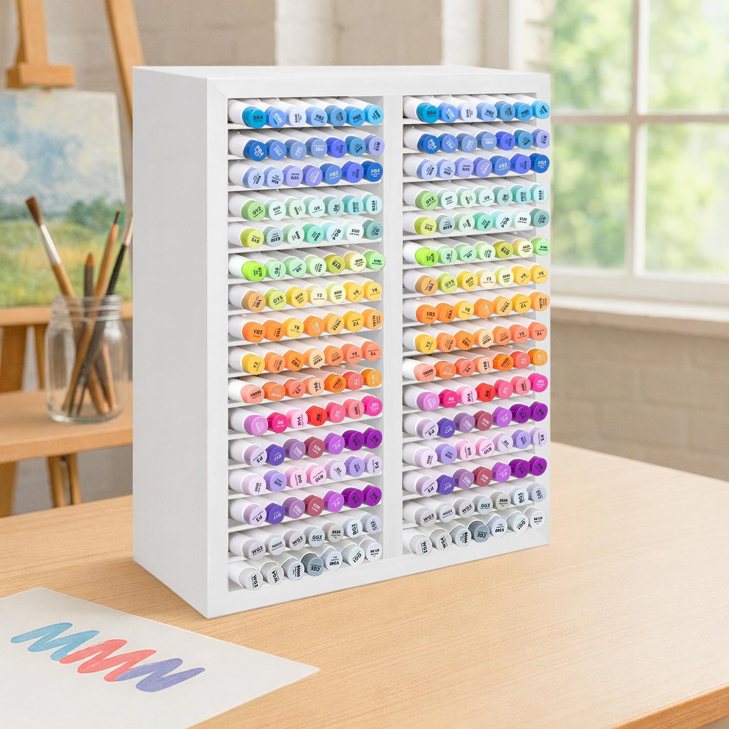 PROLEE Marker Organizer for 224 Markers, Wooden Alcohol Marker Holder with 32 Compartments