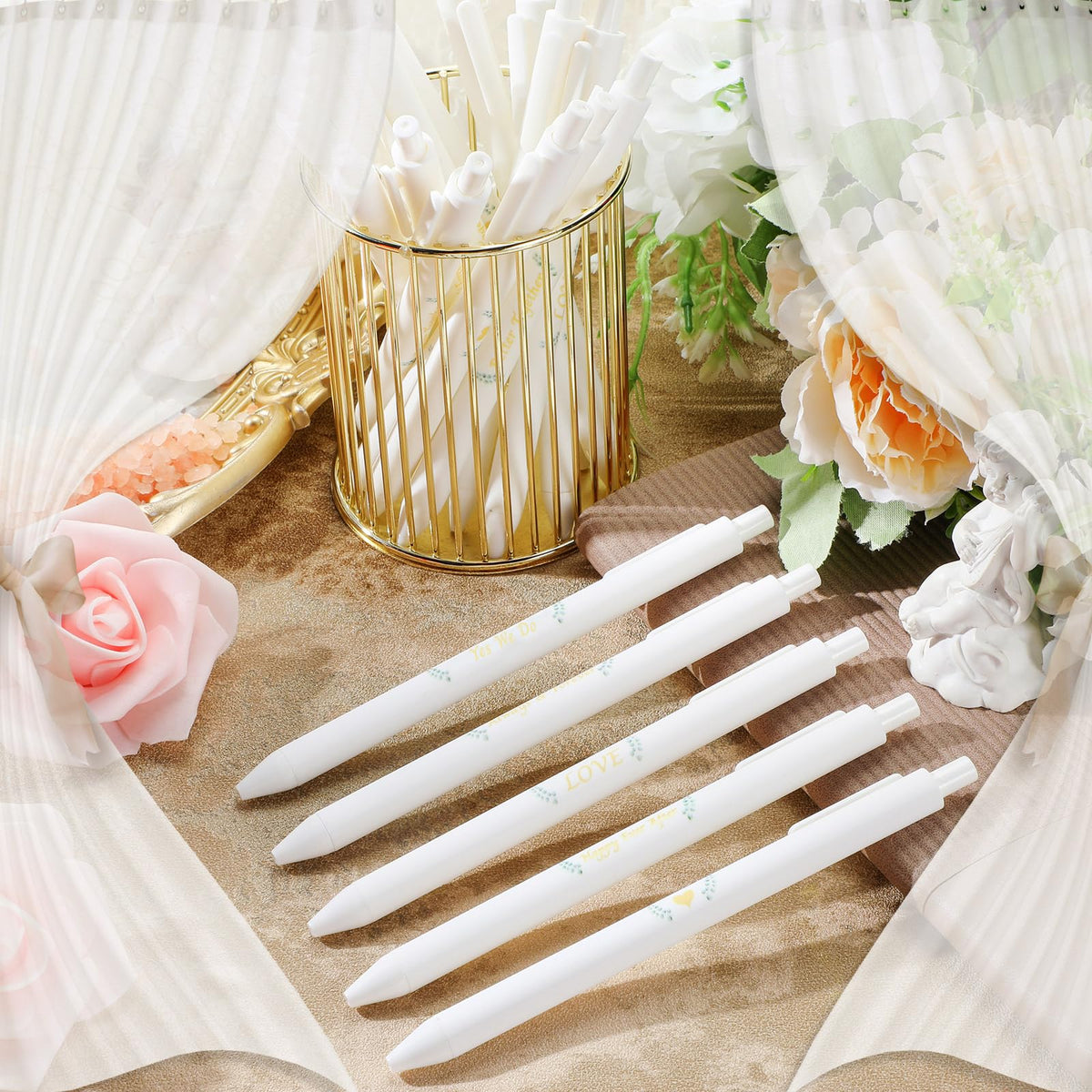 Ctosree 50 Pcs Bridal Shower Pens Wedding Pens for Guest Book Black Ink Retractable Ballpoint Pen