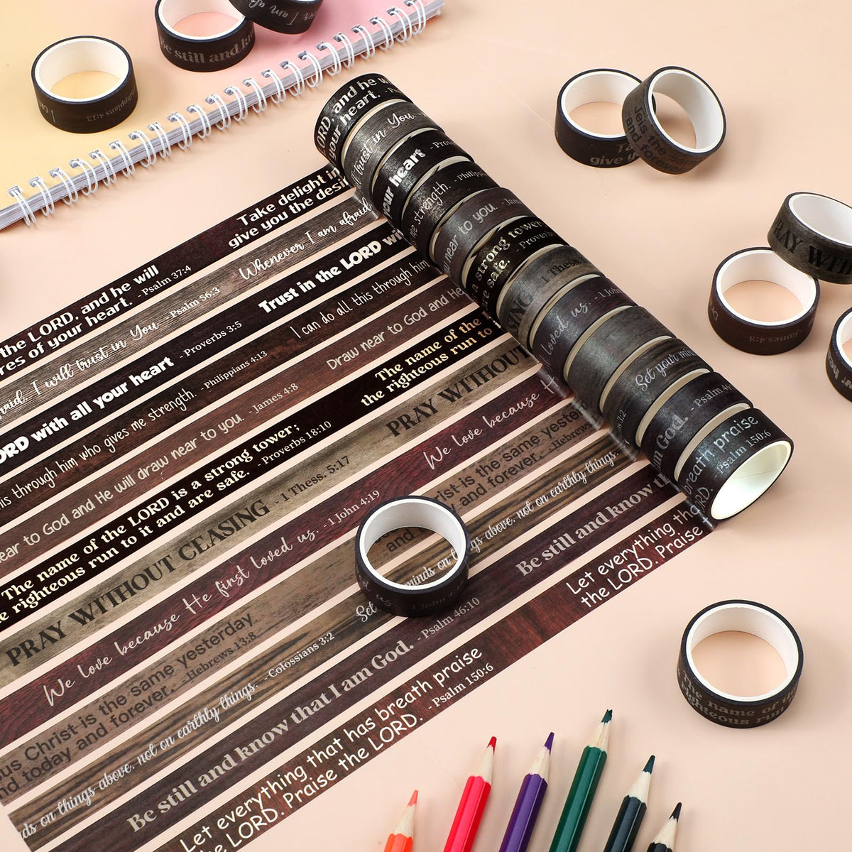 Janlaugh 24 Rolls Christian Washi Tape Gifts for Bible Journaling, Wood