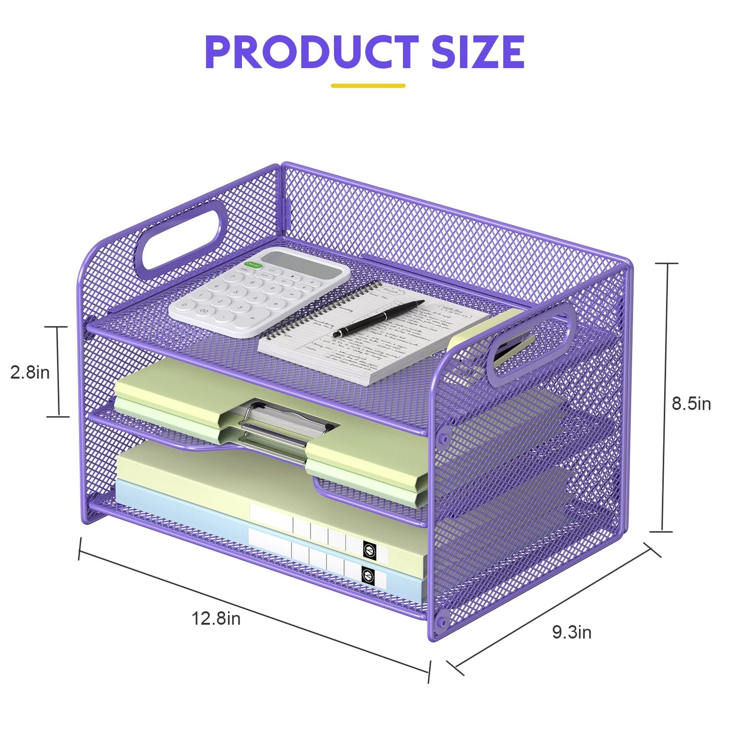 Samstar 3 Tier Purple Letter Tray Paper Organizer with Handle, Mesh Desk Organizer Paper Sorter