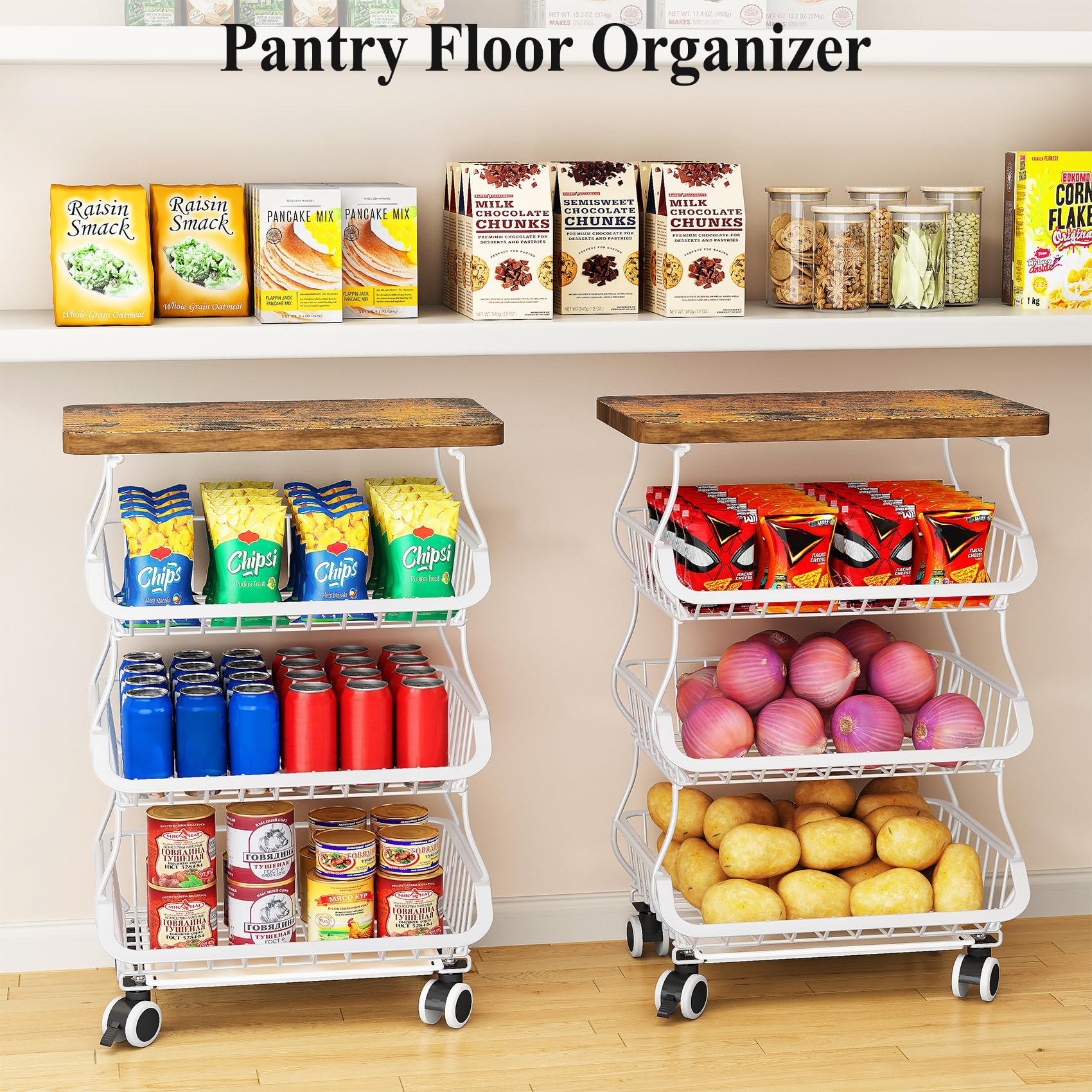 SAYZH 4-Tier Fruit and Vegetable Basket Stand for Kitchen, Wood Top, White