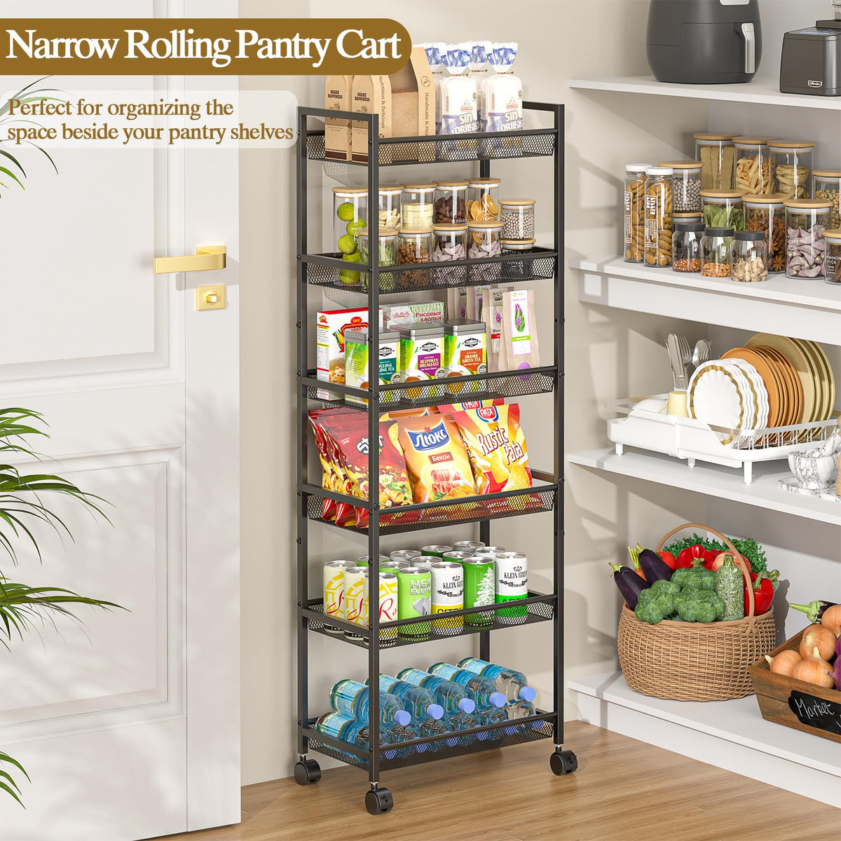 6 Tier Slim Rolling Storage Cart, Narrow Mobile Shelving Unit Organizer Utility Cart with Wheels