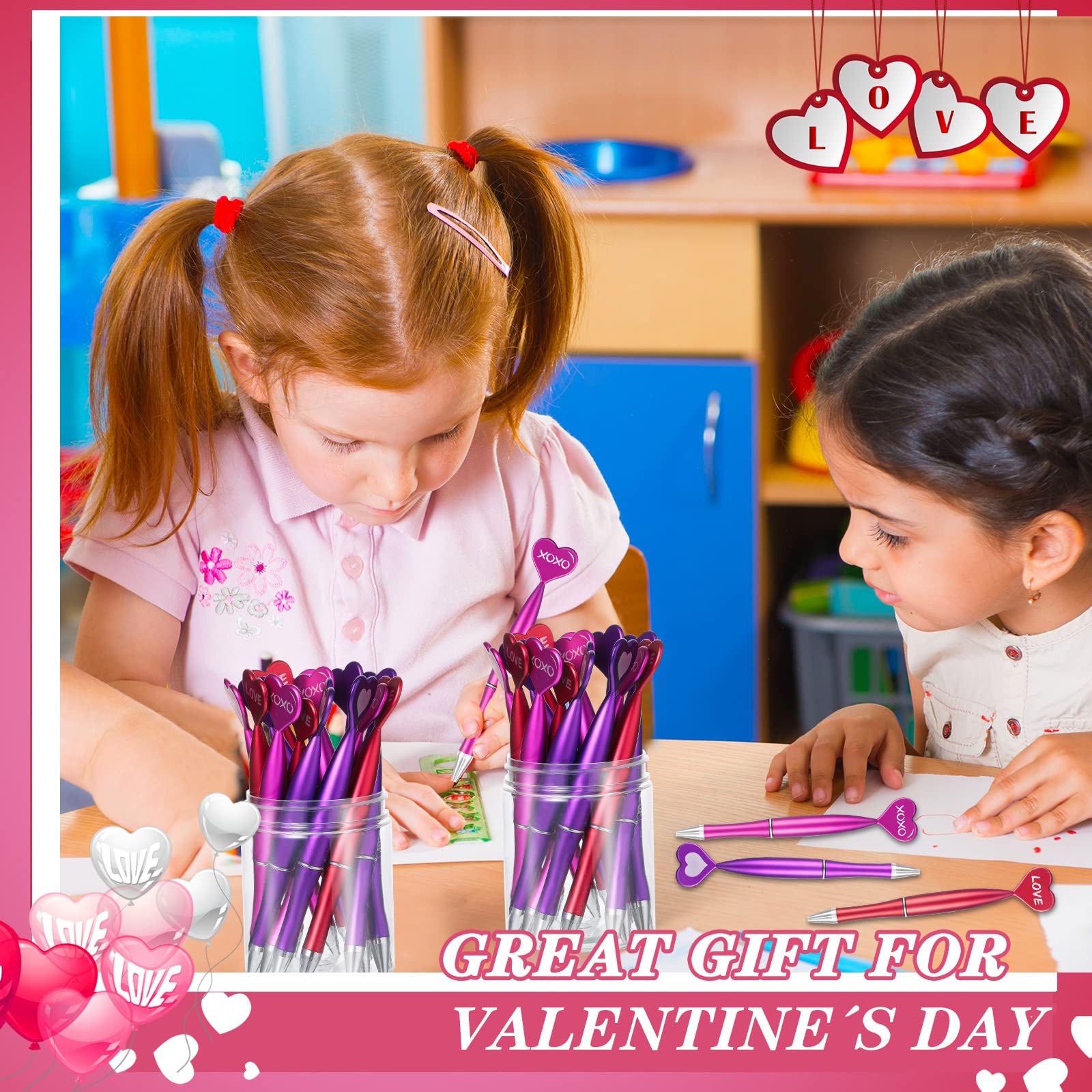 Jeyiour 96 Pcs Valentines Day Heart Shaped Pens Bulk 1 mm Rollerball Black Gel Ink Pretty Novelty