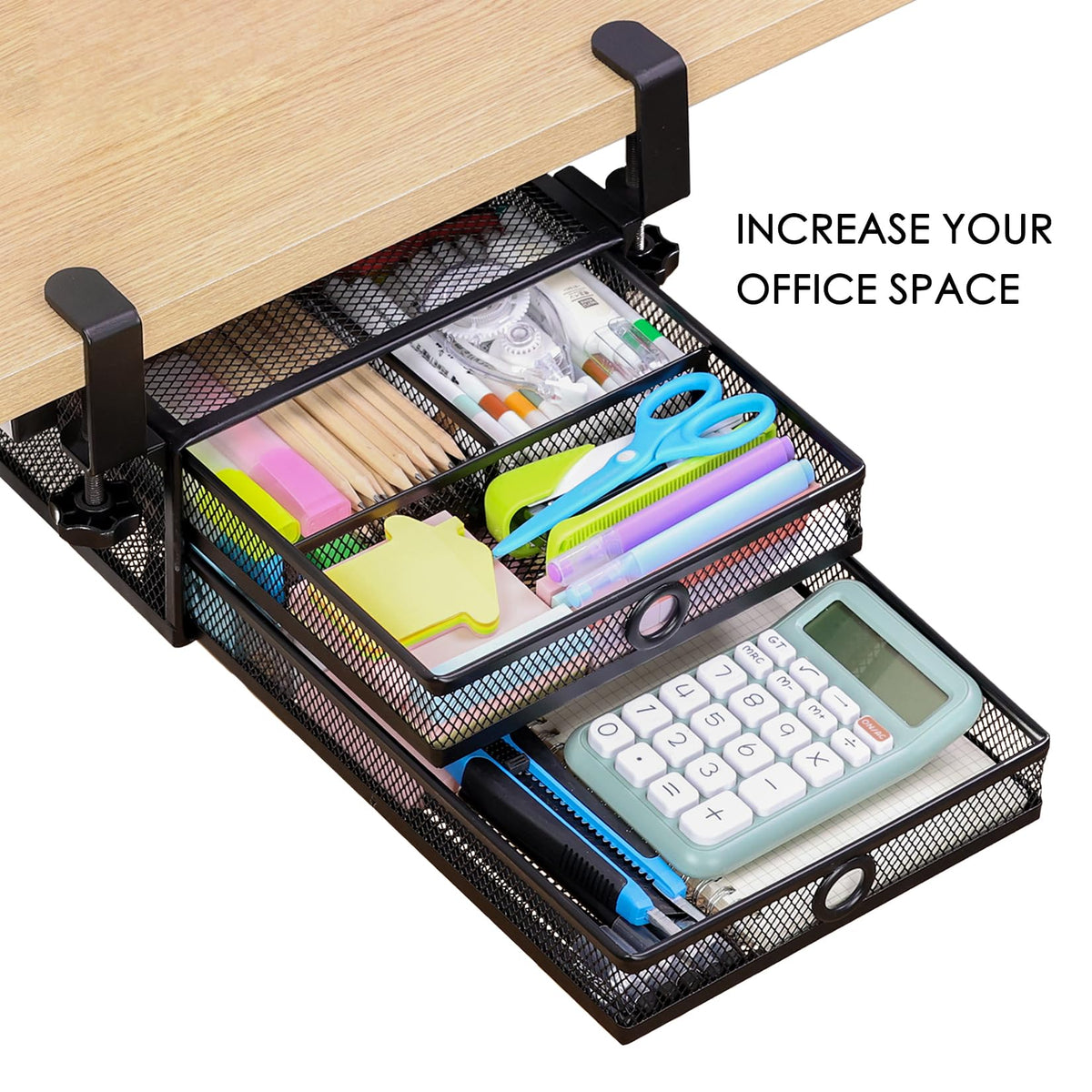 Under Desk Drawer, Clamp on Desk Organizer Slide Out Table Storage No Drill